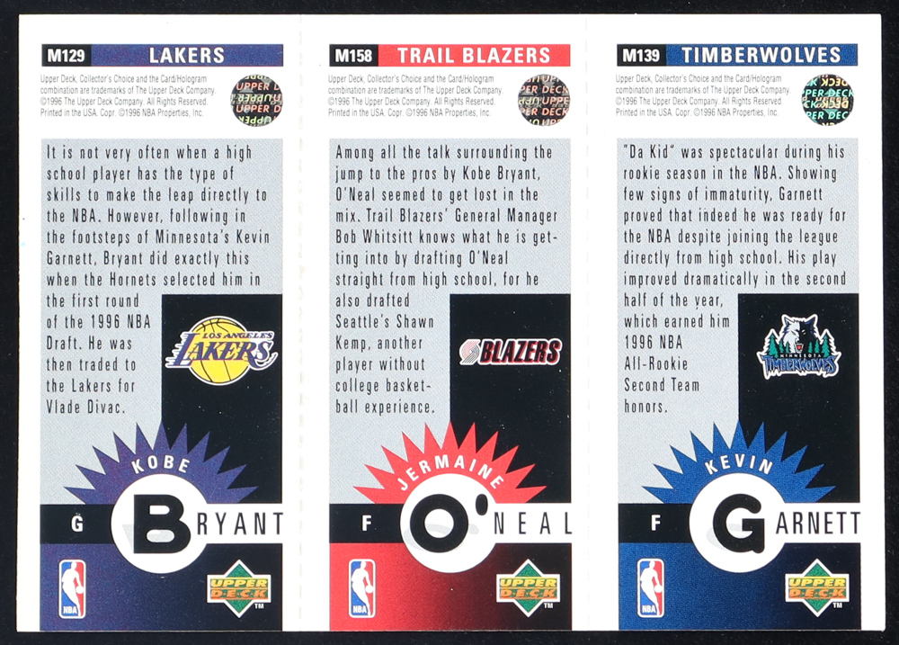 Kobe Bryant / Jermaine O'Neal / Kevin Garnett 1996-97 Collector's Choice Mini-Cards #M129 at PristineAuction.com Kobe Bryant / Jermaine O'Neal / Kevin Garnett 1996-97 Collector's Choice Mini-Cards #M129 at PristineAuction.com