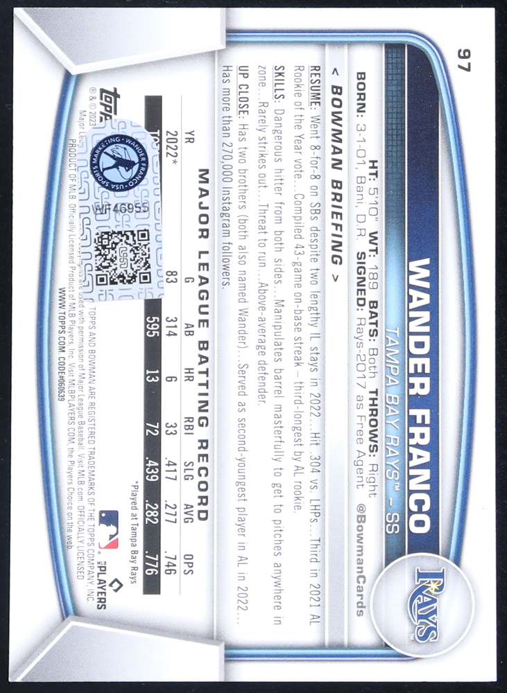 Wander Franco Signed 2023 Bowman #97 (Franco) at PristineAuction.com Wander Franco Signed 2023 Bowman #97 (Franco) at PristineAuction.com