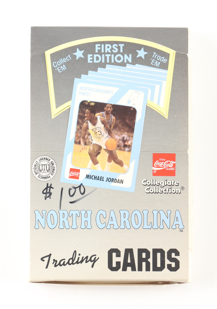 1989-90 First Edition Collegiate Collection Coca-Cola North Carolina Tar Heels Trading Card Box of (32) Packs at PristineAuction.com 1989-90 First Edition Collegiate Collection Coca-Cola North Carolina Tar Heels Trading Card Box of (32) Packs at PristineAuction.com