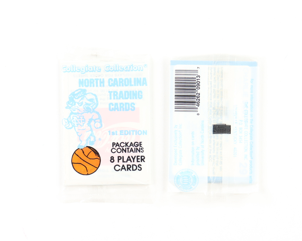 1989-90 First Edition Collegiate Collection Coca-Cola North Carolina Tar Heels Trading Card Box of (32) Packs at PristineAuction.com 1989-90 First Edition Collegiate Collection Coca-Cola North Carolina Tar Heels Trading Card Box of (32) Packs at PristineAuction.com