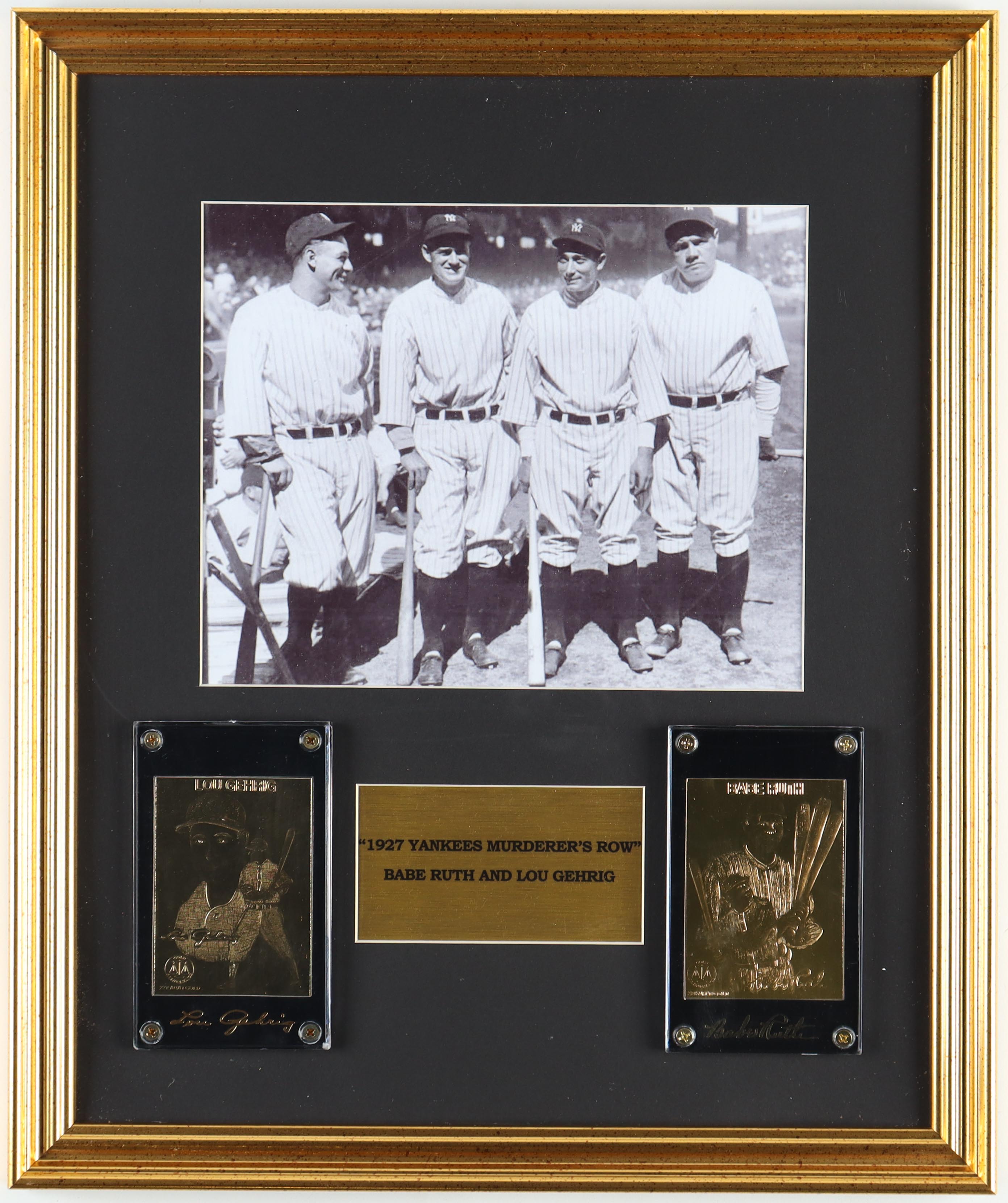 "1927 Yankees Murderer's Row" Custom Framed Photo with Set of (2) Babe Ruth & Lou Gehrig 23K Gold Cards at PristineAuction.com "1927 Yankees Murderer's Row" Custom Framed Photo with Set of (2) Babe Ruth & Lou Gehrig 23K Gold Cards at PristineAuction.com