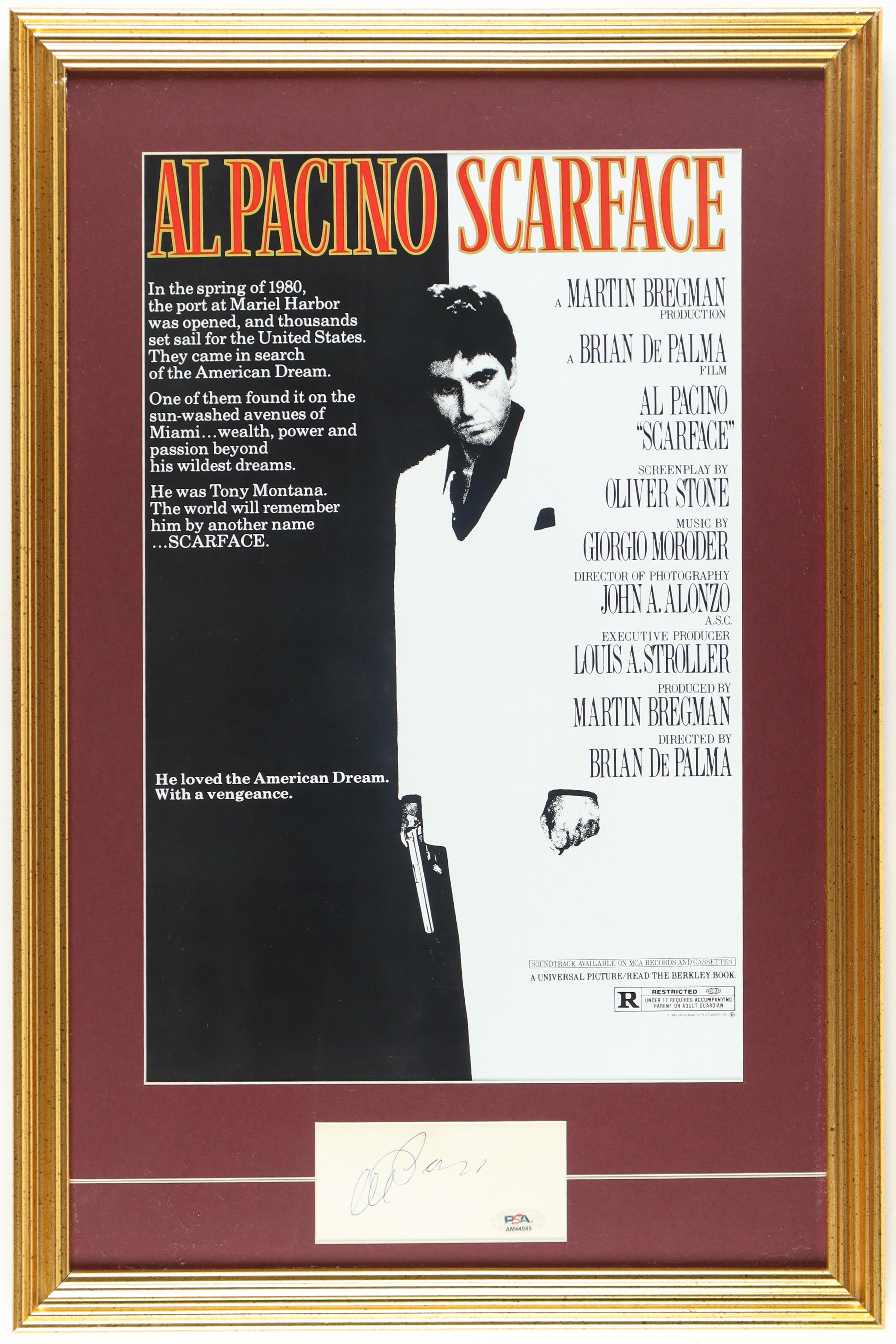 Al Pacino Signed "Scarface" Custom Framed Cut Display (Beckett) at PristineAuction.com Al Pacino Signed "Scarface" Custom Framed Cut Display (Beckett) at PristineAuction.com