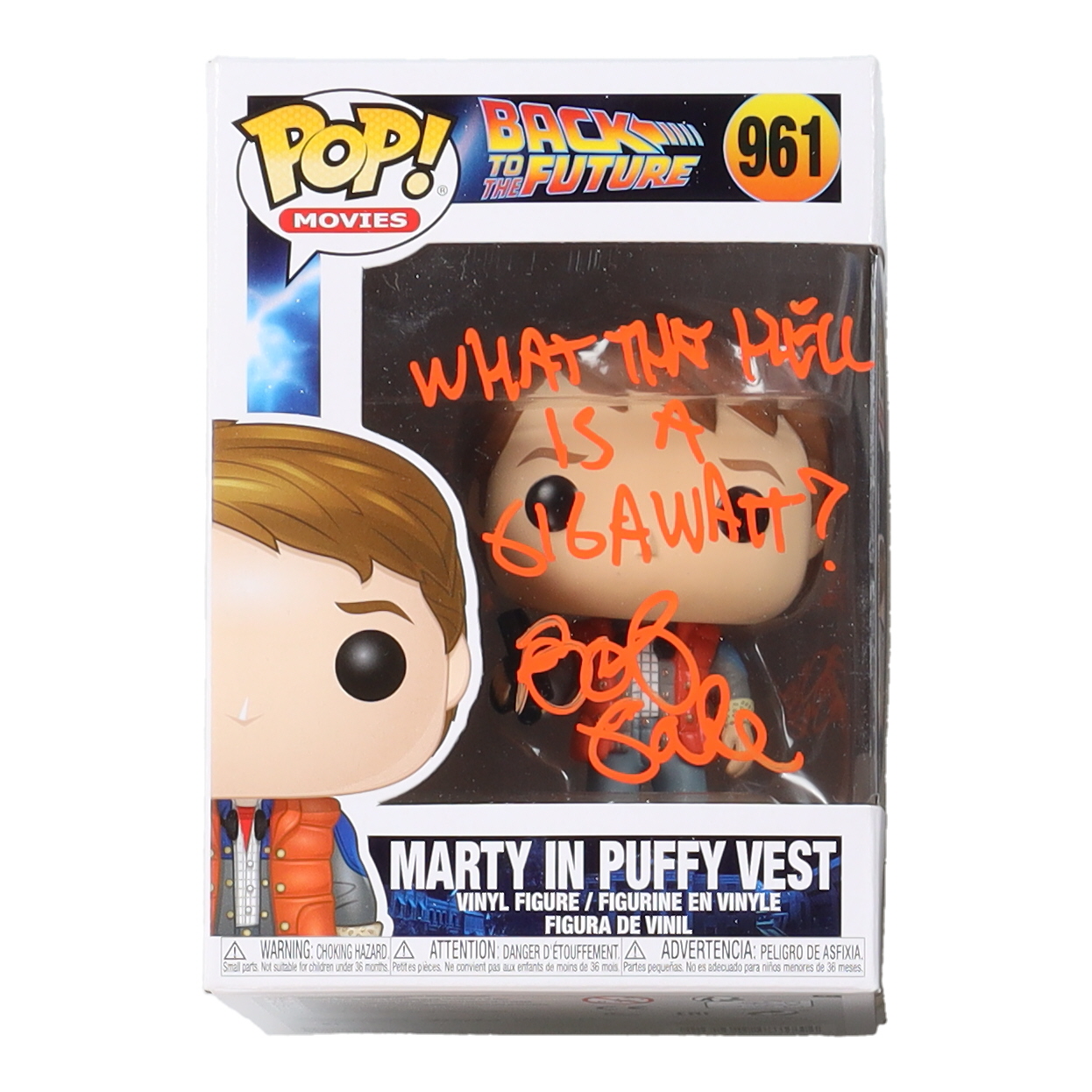 Bob Gale Signed "Back to the Future" #961 Marty In Puffy Vest Funko Pop! Vinyl Figure Inscribed "What The Hell Is A Gigawatt?" (AutographCOA) at PristineAuction.com Bob Gale Signed "Back to the Future" #961 Marty In Puffy Vest Funko Pop! Vinyl Figure Inscribed "What The Hell Is A Gigawatt?" (AutographCOA) at PristineAuction.com