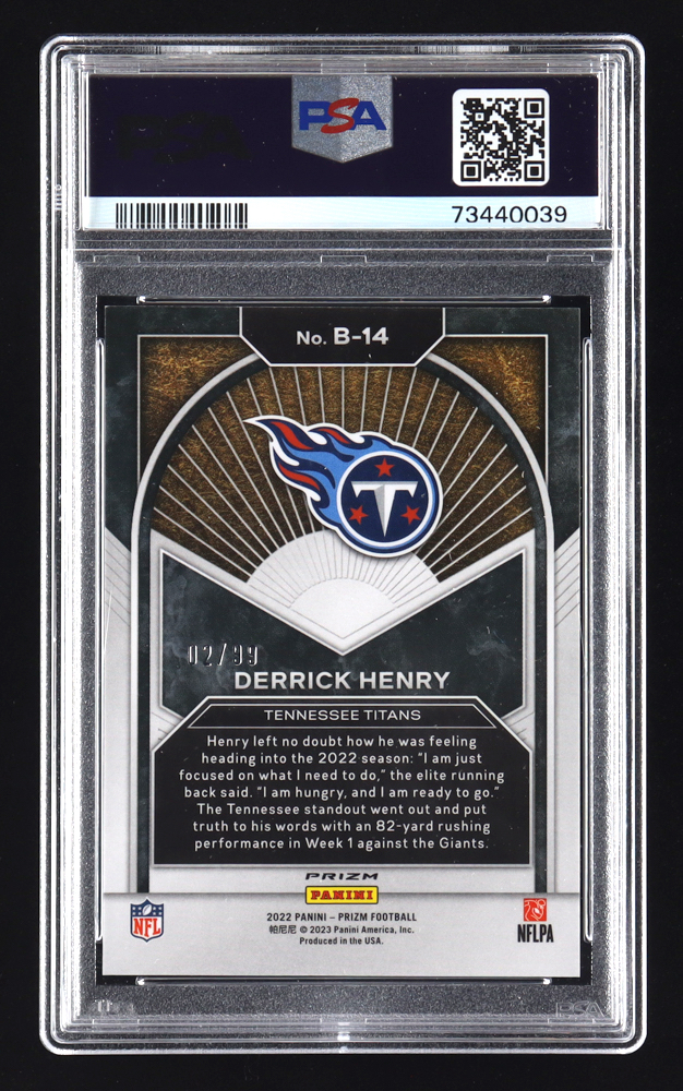 Derrick Henry 2022 Panini Prizm Brilliance Prizms Blue Ice #14 #02/99 (PSA 9) at PristineAuction.com Derrick Henry 2022 Panini Prizm Brilliance Prizms Blue Ice #14 #02/99 (PSA 9) at PristineAuction.com