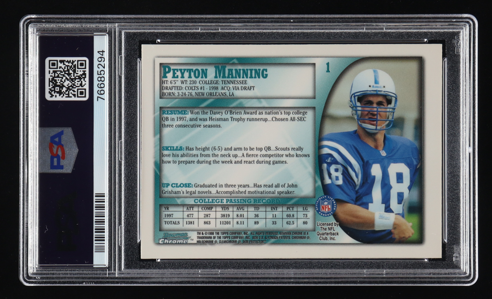 Peyton Manning 1998 Bowman Chrome #1 RC (PSA 9) at PristineAuction.com Peyton Manning 1998 Bowman Chrome #1 RC (PSA 9) at PristineAuction.com