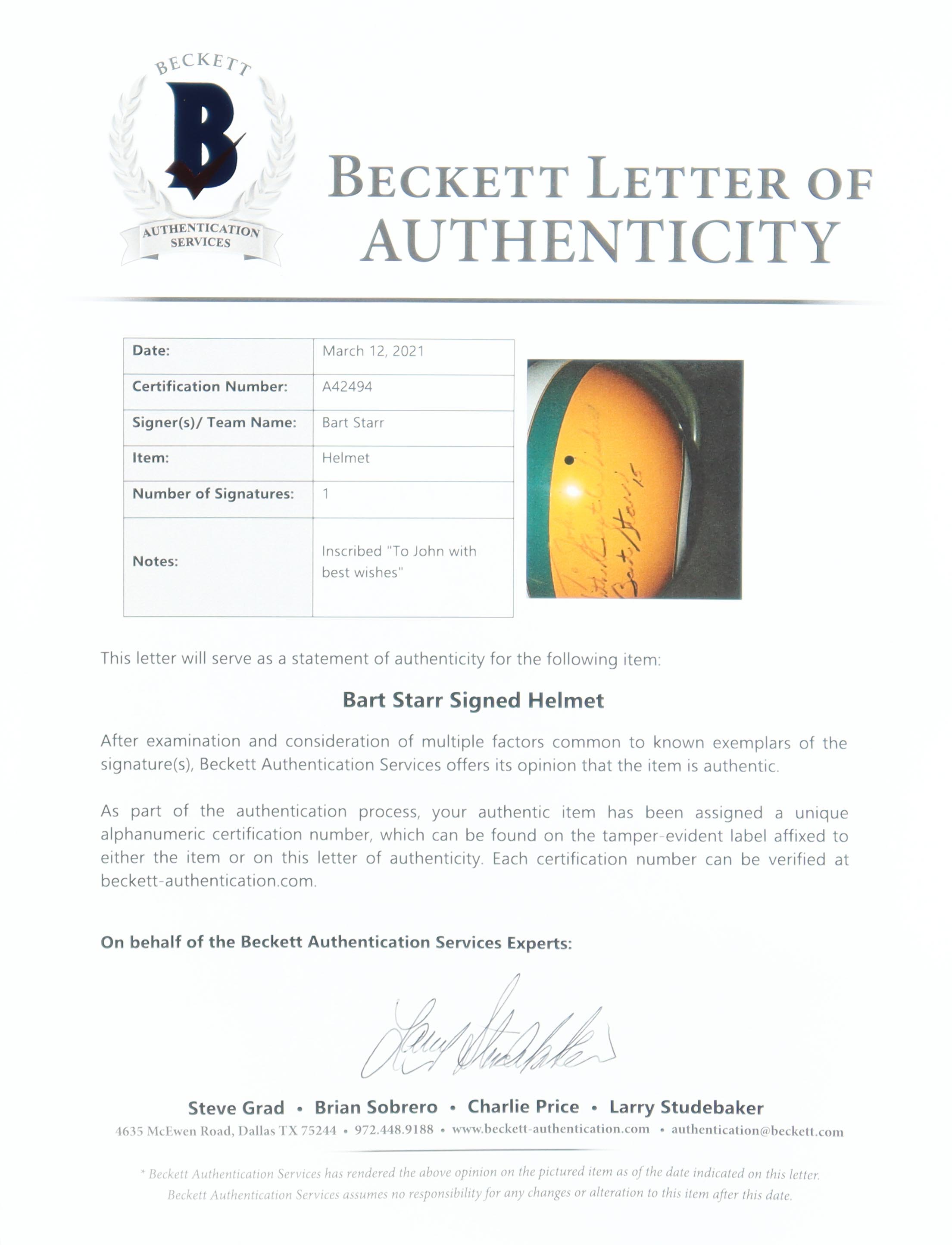 Bart Starr Signed Packers Full-Size Helmet Inscribed "With Best Wishes" (Beckett) at PristineAuction.com Bart Starr Signed Packers Full-Size Helmet Inscribed "With Best Wishes" (Beckett) at PristineAuction.com