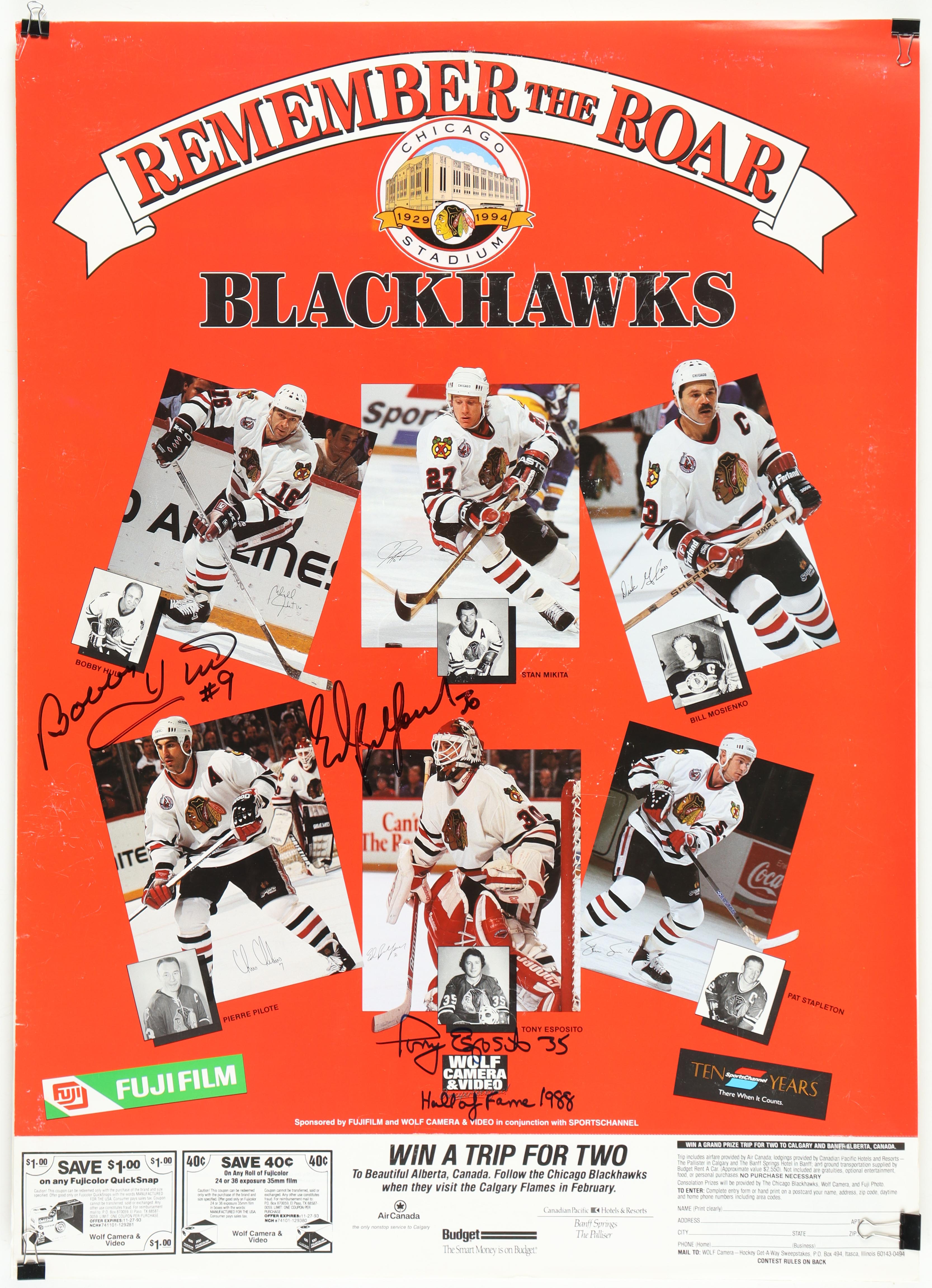 Bobby Hull, Ed Belfour & Tony Esposito Signed Blackhawks 19.5x27 Poster on Cardboard Inscribed "Hall of Fame 1988" (Beckett) at PristineAuction.com Bobby Hull, Ed Belfour & Tony Esposito Signed Blackhawks 19.5x27 Poster on Cardboard Inscribed "Hall of Fame 1988" (Beckett) at PristineAuction.com