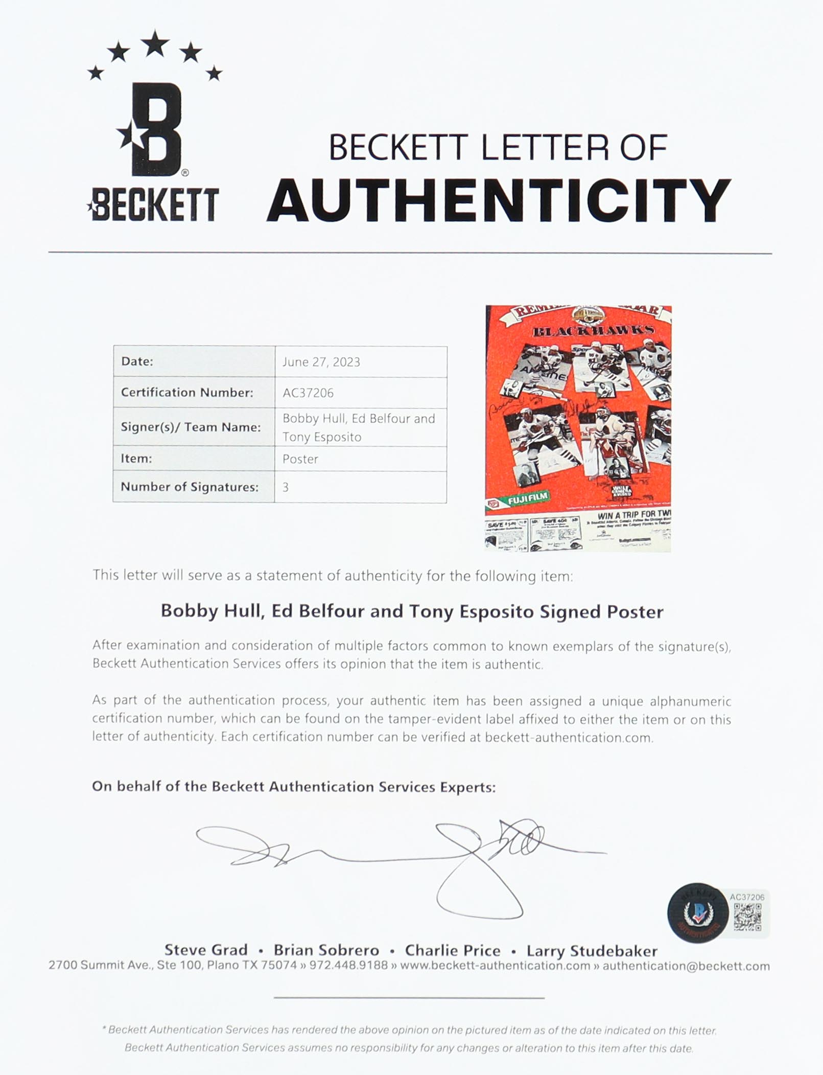Bobby Hull, Ed Belfour & Tony Esposito Signed Blackhawks 19.5x27 Poster on Cardboard Inscribed "Hall of Fame 1988" (Beckett) at PristineAuction.com Bobby Hull, Ed Belfour & Tony Esposito Signed Blackhawks 19.5x27 Poster on Cardboard Inscribed "Hall of Fame 1988" (Beckett) at PristineAuction.com