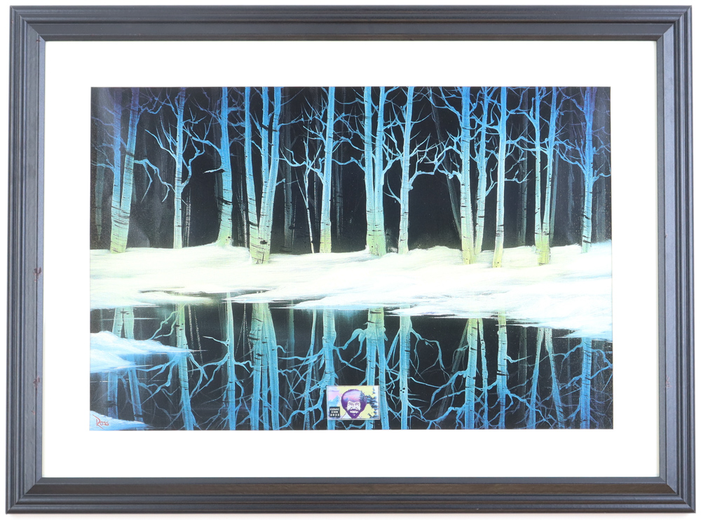 Bob Ross Custom Framed Art Print with Bob Ross 2022 Comic Con Pin at PristineAuction.com Bob Ross Custom Framed Art Print with Bob Ross 2022 Comic Con Pin at PristineAuction.com