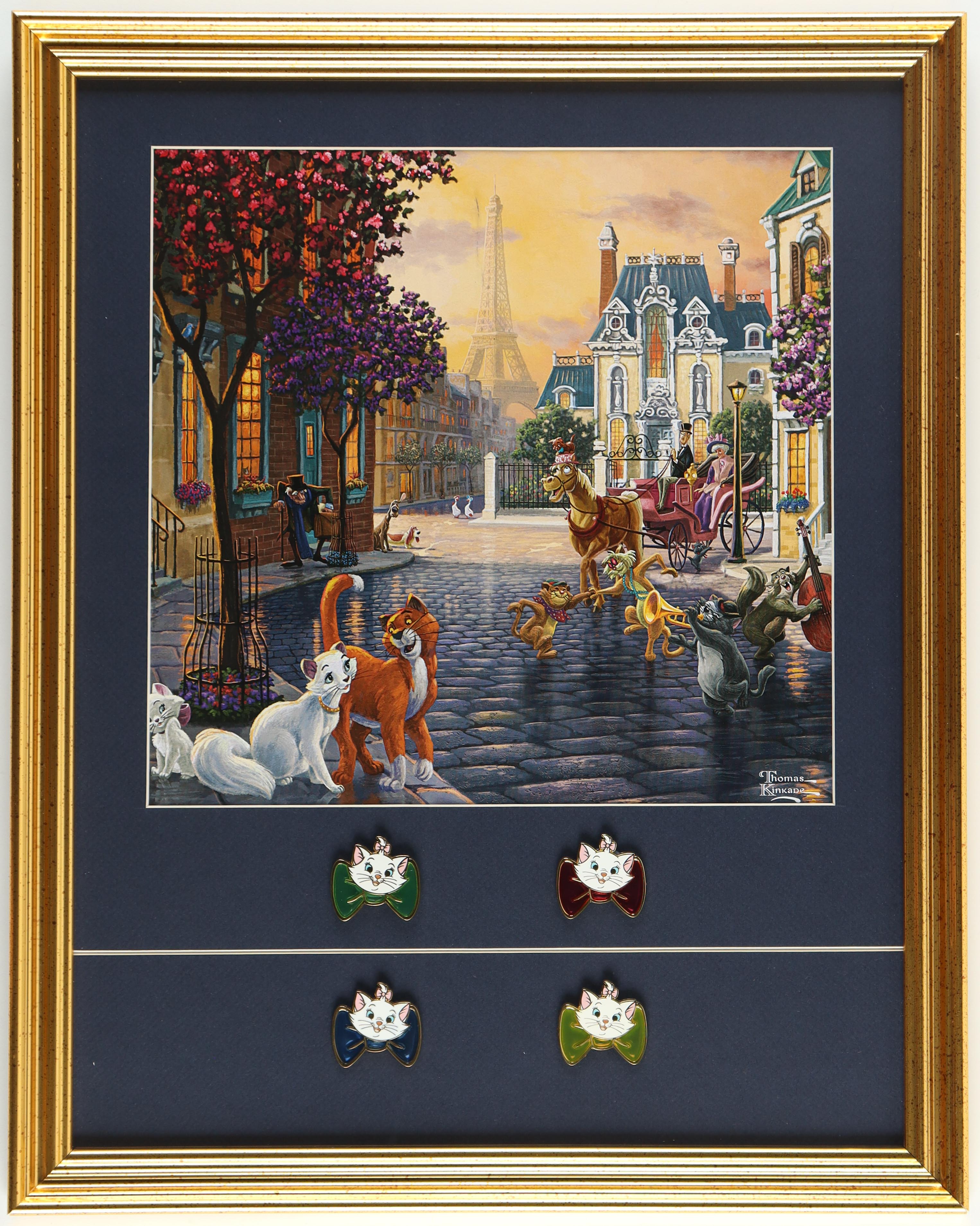 Thomas Kinkade "The Aristocats" Custom Framed Print Display with (4) Character Pins at PristineAuction.com Thomas Kinkade "The Aristocats" Custom Framed Print Display with (4) Character Pins at PristineAuction.com