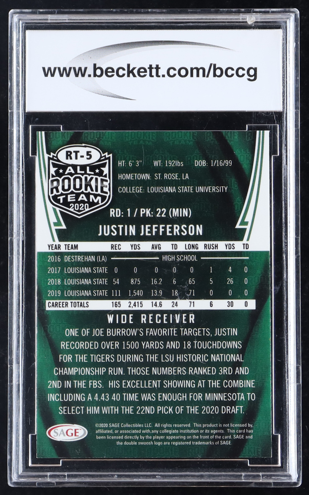 Justin Jefferson 2020 SAGE All Rookie Team #RT5 RC (BCCG 9) at PristineAuction.com Justin Jefferson 2020 SAGE All Rookie Team #RT5 RC (BCCG 9) at PristineAuction.com
