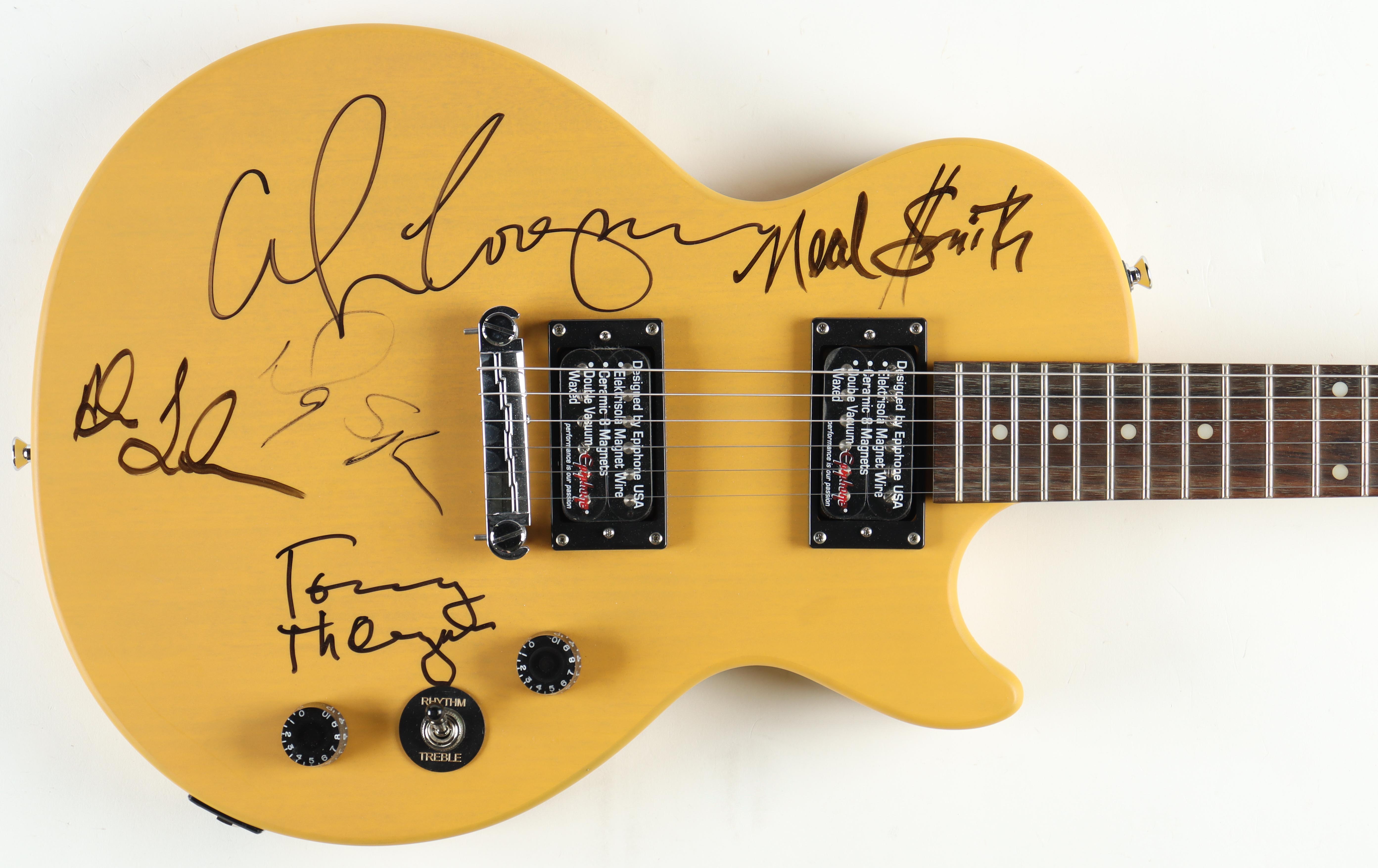 Rock 'N' Roll Greats Full-Size Epiphone Electric Guitar Signed by (5) with Alice Cooper, Neal Smith, Tommy Thayer, Alex Lifeson (Beckett) at PristineAuction.com Rock 'N' Roll Greats Full-Size Epiphone Electric Guitar Signed by (5) with Alice Cooper, Neal Smith, Tommy Thayer, Alex Lifeson (Beckett) at PristineAuction.com