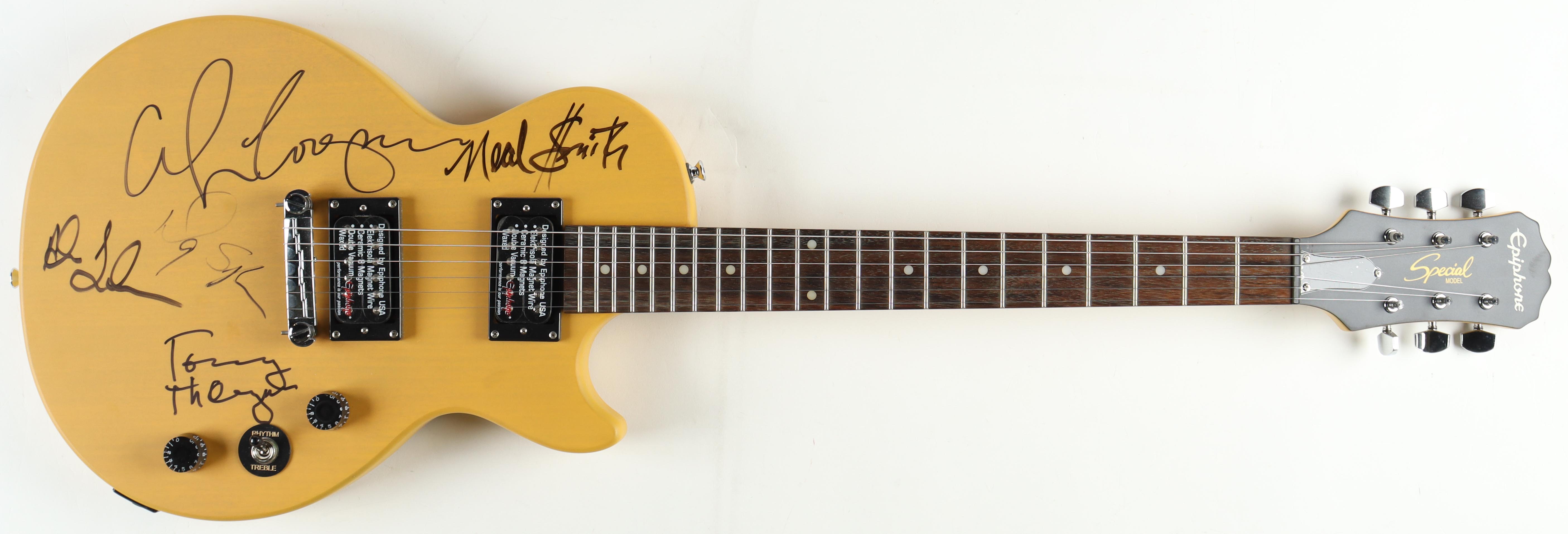 Rock 'N' Roll Greats Full-Size Epiphone Electric Guitar Signed by (5) with Alice Cooper, Neal Smith, Tommy Thayer, Alex Lifeson (Beckett) at PristineAuction.com Rock 'N' Roll Greats Full-Size Epiphone Electric Guitar Signed by (5) with Alice Cooper, Neal Smith, Tommy Thayer, Alex Lifeson (Beckett) at PristineAuction.com