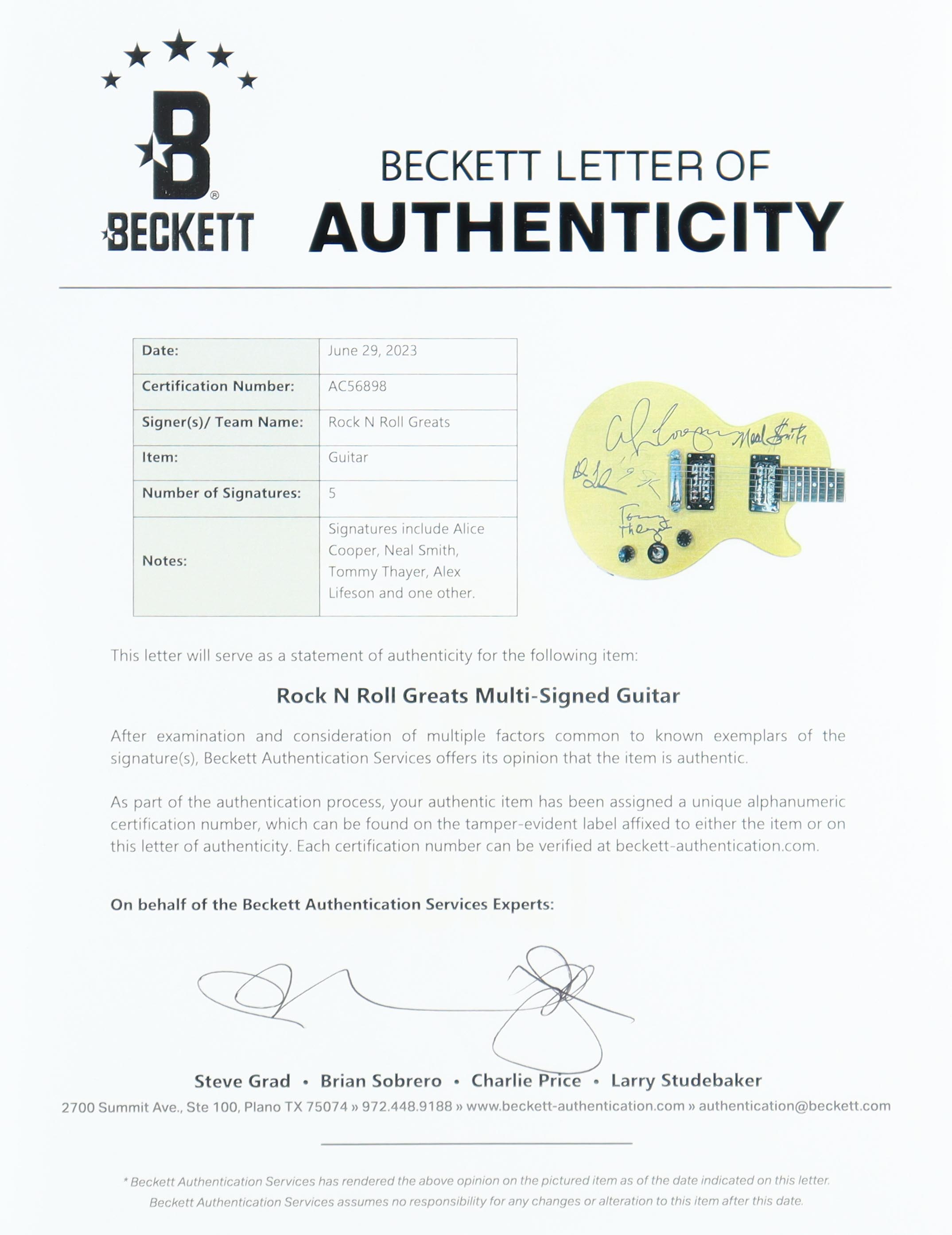 Rock 'N' Roll Greats Full-Size Epiphone Electric Guitar Signed by (5) with Alice Cooper, Neal Smith, Tommy Thayer, Alex Lifeson (Beckett) at PristineAuction.com Rock 'N' Roll Greats Full-Size Epiphone Electric Guitar Signed by (5) with Alice Cooper, Neal Smith, Tommy Thayer, Alex Lifeson (Beckett) at PristineAuction.com