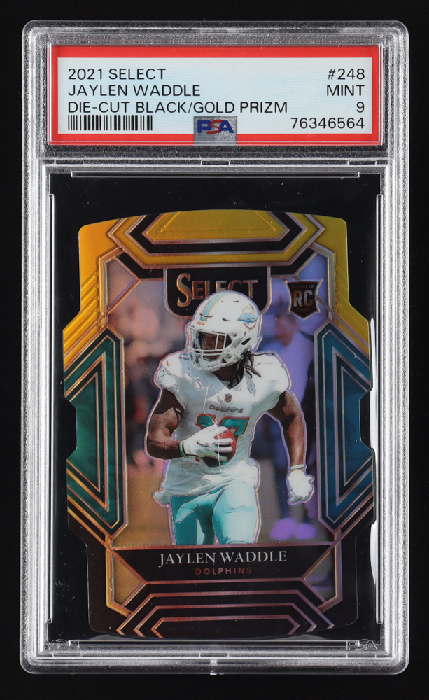 Jaylen Waddle 2021 Select Prizm Black and Gold Die Cut #248 RC (PSA 9) at PristineAuction.com Jaylen Waddle 2021 Select Prizm Black and Gold Die Cut #248 RC (PSA 9) at PristineAuction.com