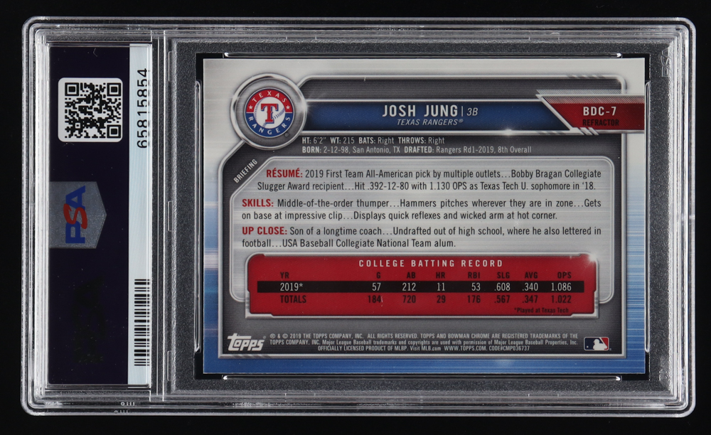 Josh Jung 2019 Bowman Chrome Draft Refractors #BDC7 RC (PSA 10) at PristineAuction.com Josh Jung 2019 Bowman Chrome Draft Refractors #BDC7 RC (PSA 10) at PristineAuction.com