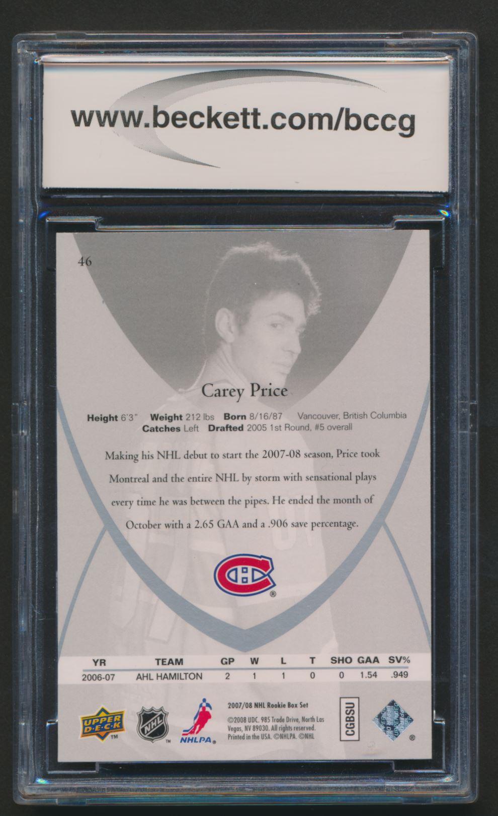 Carey Price 2007-08 Upper Deck Rookie Class #46 (BCCG 10) at PristineAuction.com Carey Price 2007-08 Upper Deck Rookie Class #46 (BCCG 10) at PristineAuction.com