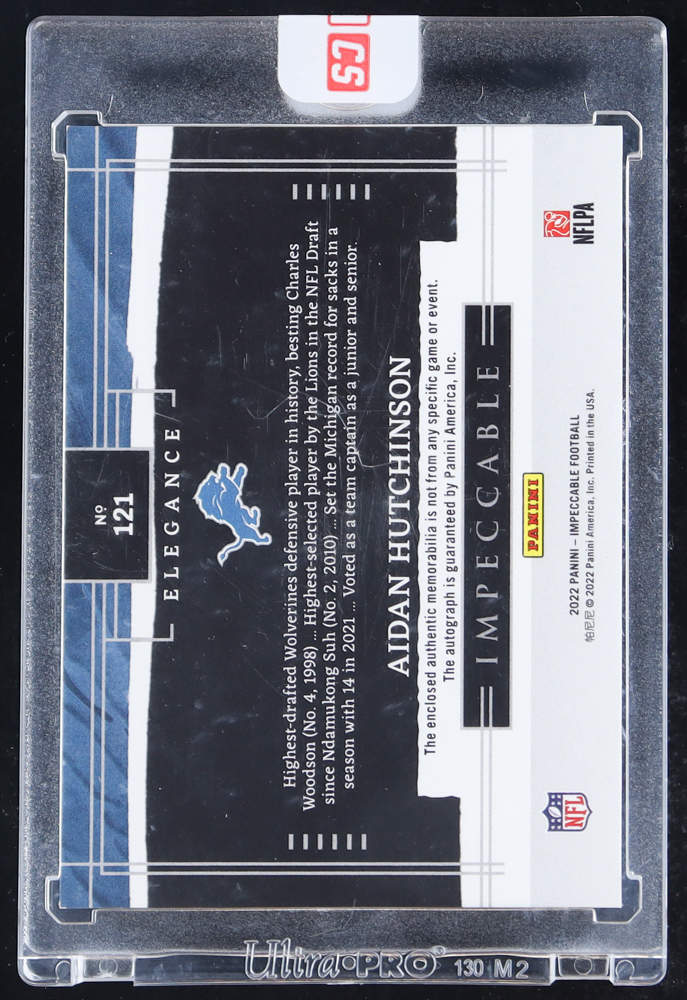 Aidan Hutchinson 2022 Panini Impeccable Helmet Patch Autograph #121 EXCH RC #31/75 at PristineAuction.com Aidan Hutchinson 2022 Panini Impeccable Helmet Patch Autograph #121 EXCH RC #31/75 at PristineAuction.com