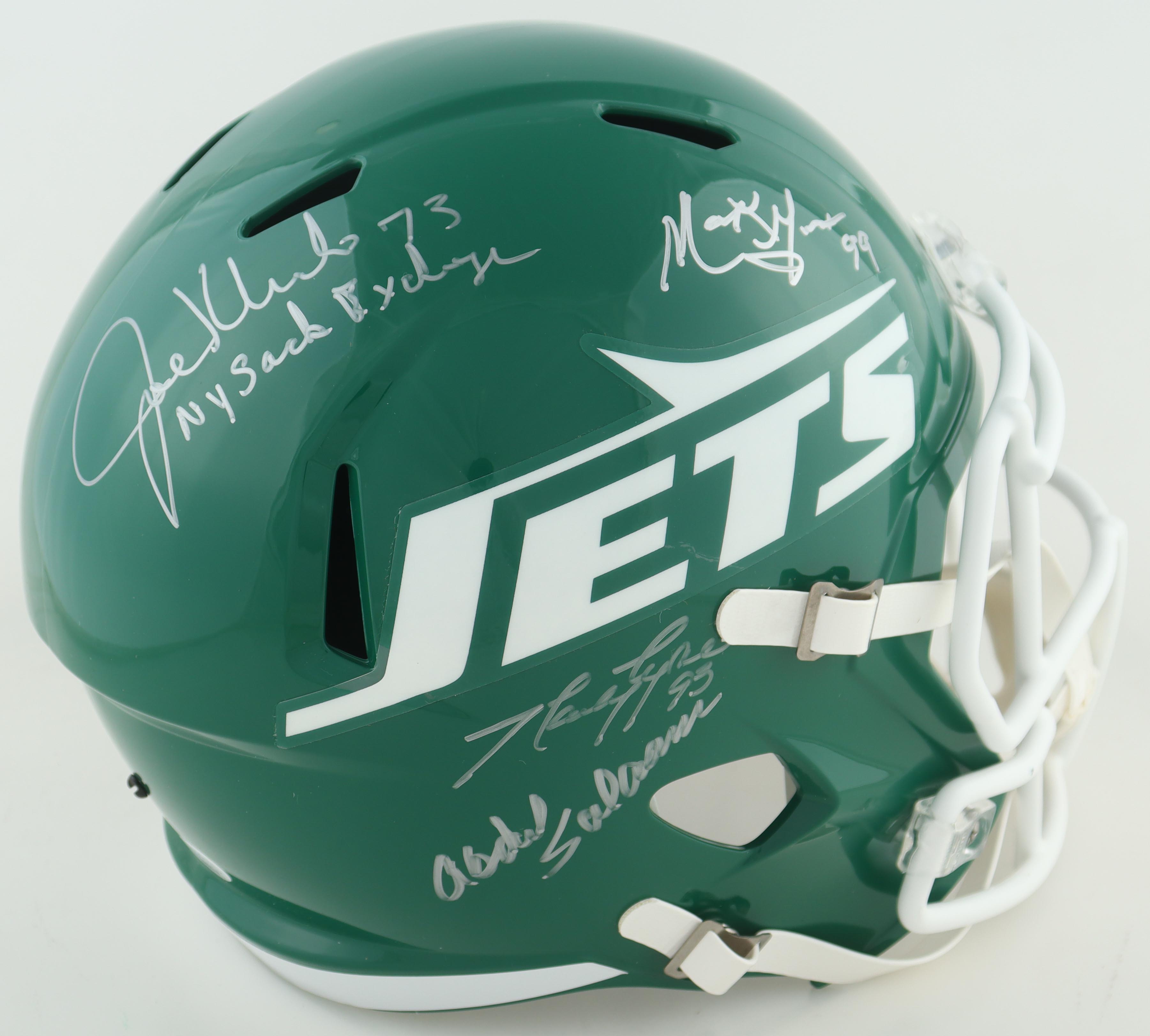 Jets Full Size Speed Helmet Hand signed by (4) With Mark Gastineau, Joe Klecko, Marty Lyons & Abdul Salaam Inscribed "New York Sack Exchange" (JSA) at PristineAuction.com Jets Full Size Speed Helmet Hand signed by (4) With Mark Gastineau, Joe Klecko, Marty Lyons & Abdul Salaam Inscribed "New York Sack Exchange" (JSA) at PristineAuction.com