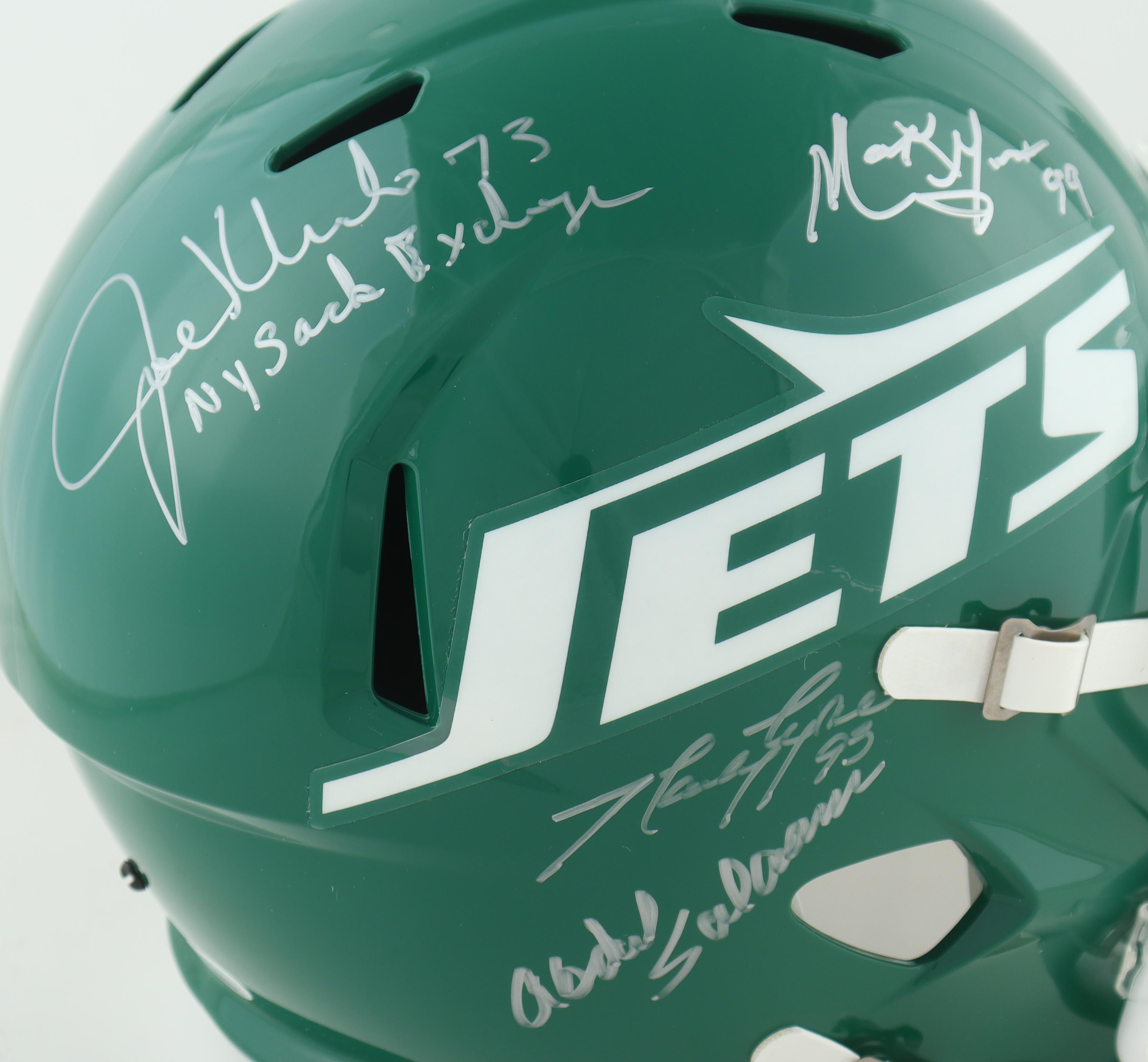 Jets Full Size Speed Helmet Hand signed by (4) With Mark Gastineau, Joe Klecko, Marty Lyons & Abdul Salaam Inscribed "New York Sack Exchange" (JSA) at PristineAuction.com Jets Full Size Speed Helmet Hand signed by (4) With Mark Gastineau, Joe Klecko, Marty Lyons & Abdul Salaam Inscribed "New York Sack Exchange" (JSA) at PristineAuction.com
