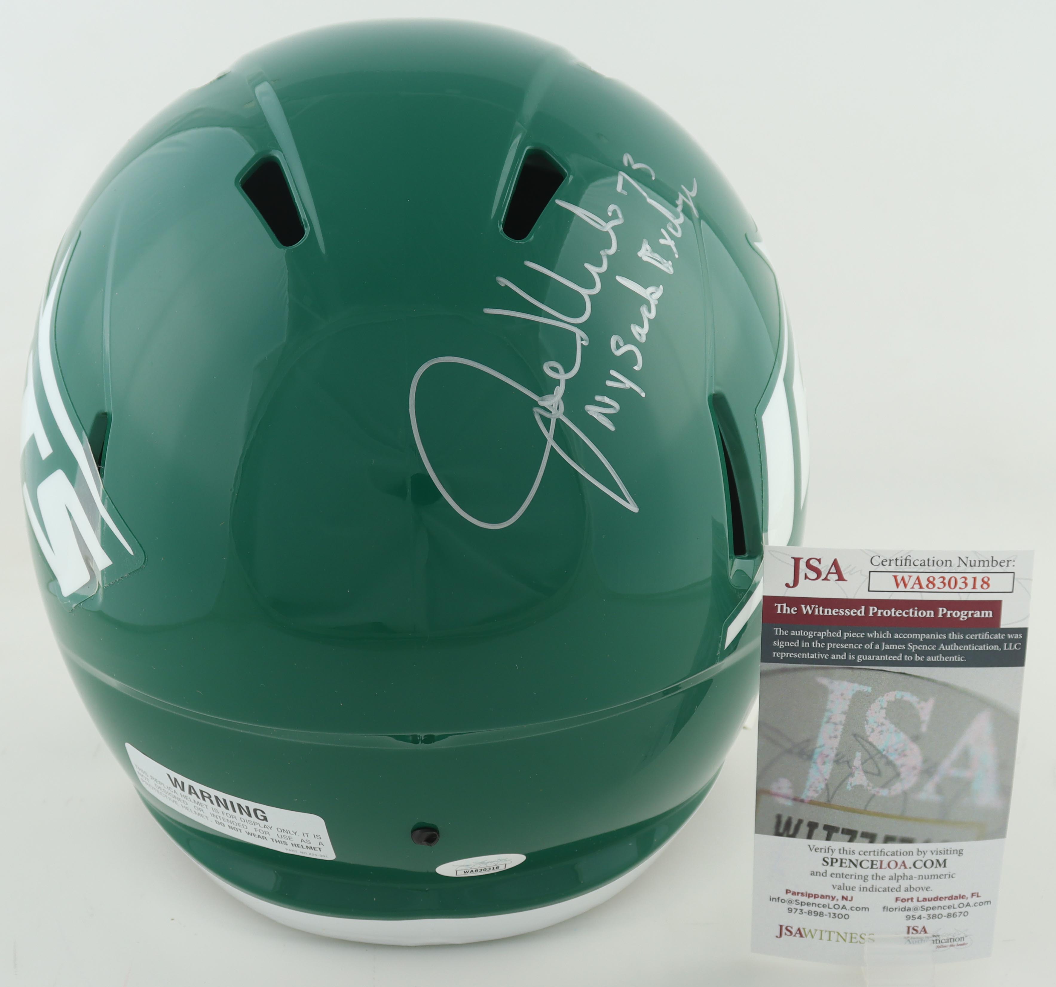 Jets Full Size Speed Helmet Hand signed by (4) With Mark Gastineau, Joe Klecko, Marty Lyons & Abdul Salaam Inscribed "New York Sack Exchange" (JSA) at PristineAuction.com Jets Full Size Speed Helmet Hand signed by (4) With Mark Gastineau, Joe Klecko, Marty Lyons & Abdul Salaam Inscribed "New York Sack Exchange" (JSA) at PristineAuction.com