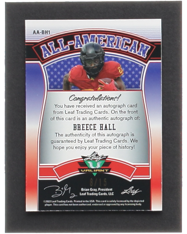 Breece Hall 2022 Leaf Valiant All American Purple #AABH1 #08/15 RC at PristineAuction.com Breece Hall 2022 Leaf Valiant All American Purple #AABH1 #08/15 RC at PristineAuction.com