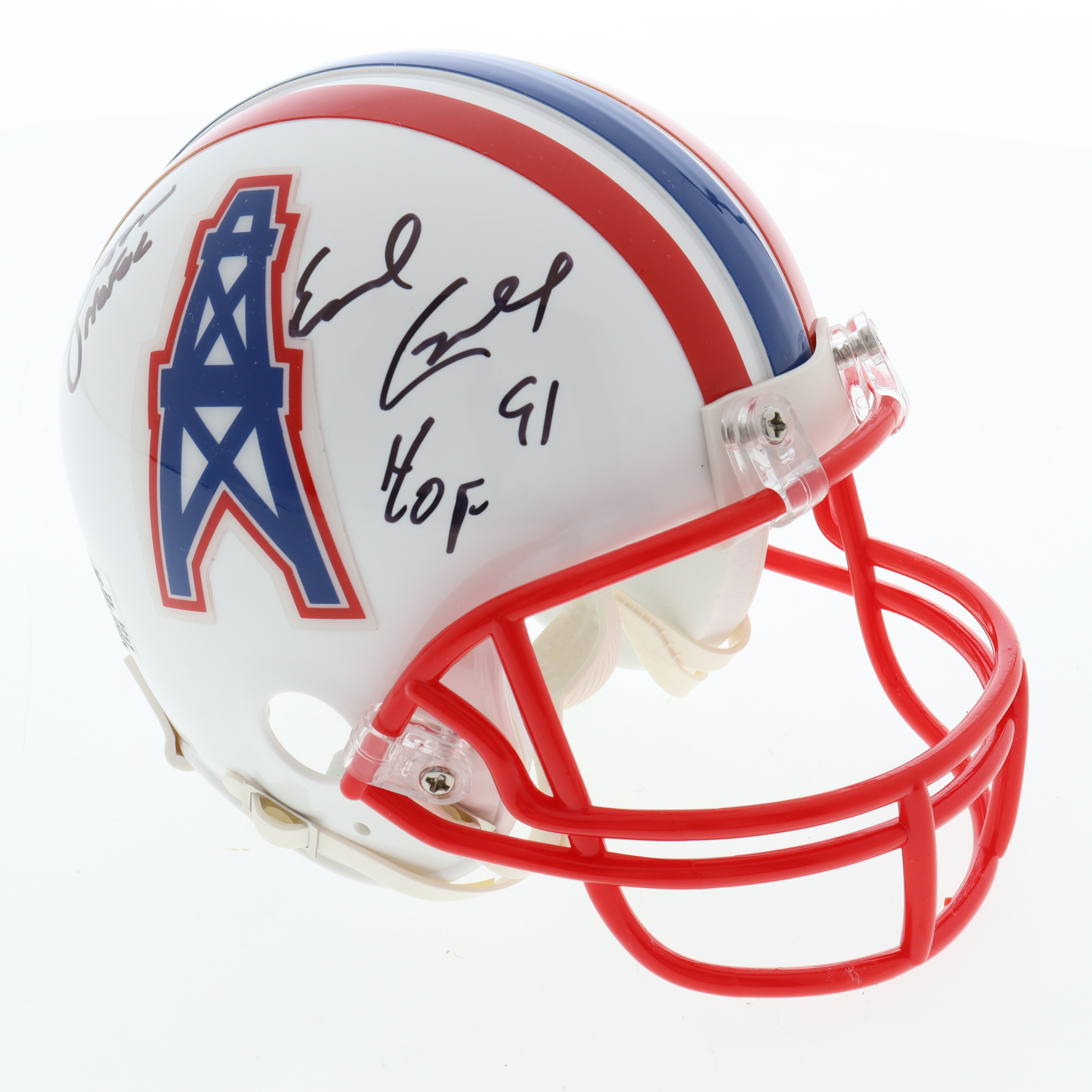 Warren Moon & Earl Campbell Signed Oilers Throwback Mini Helmet Inscribed "HOF 06" & "HOF 91" (Beckett) at PristineAuction.com Warren Moon & Earl Campbell Signed Oilers Throwback Mini Helmet Inscribed "HOF 06" & "HOF 91" (Beckett) at PristineAuction.com