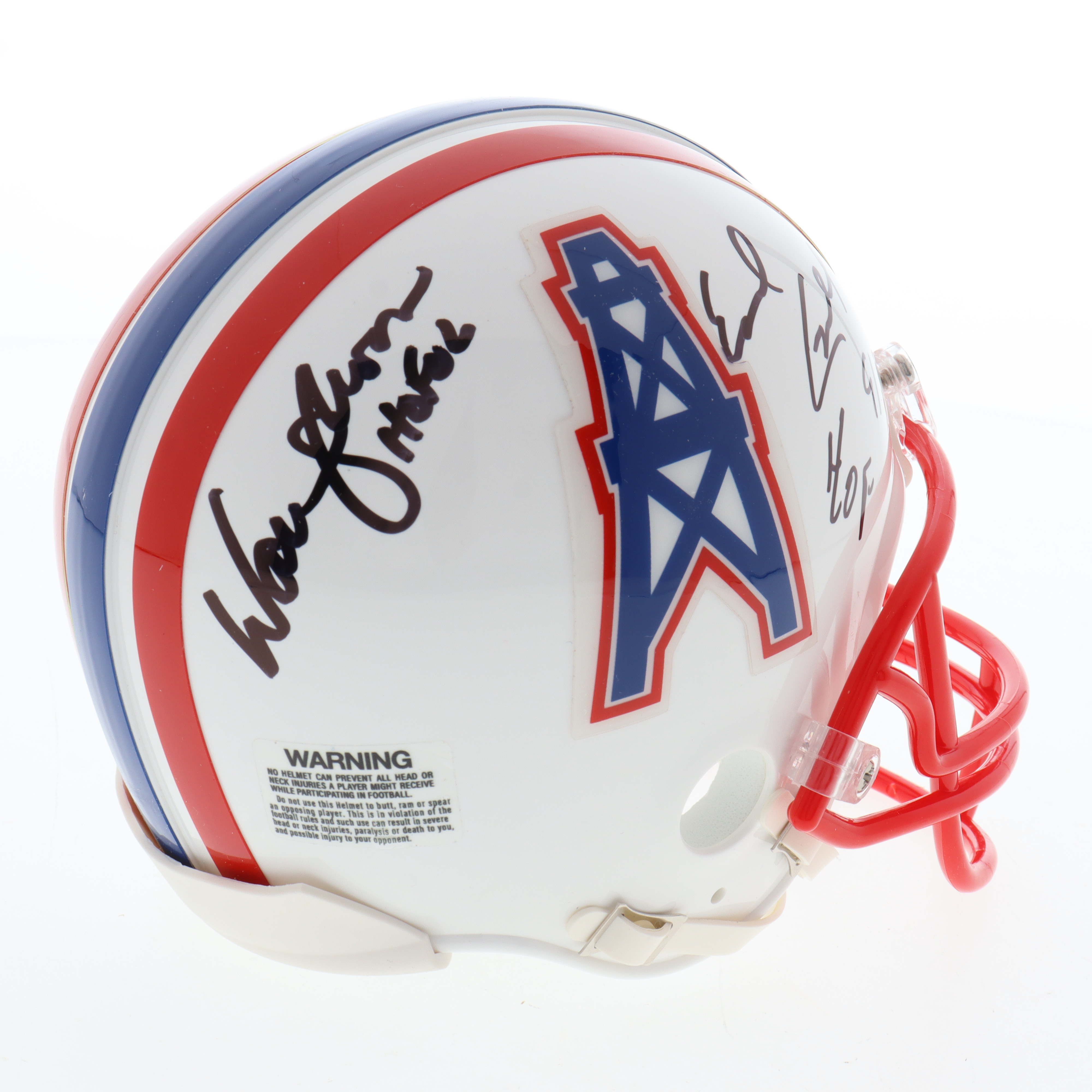 Warren Moon & Earl Campbell Signed Oilers Throwback Mini Helmet Inscribed "HOF 06" & "HOF 91" (Beckett) at PristineAuction.com Warren Moon & Earl Campbell Signed Oilers Throwback Mini Helmet Inscribed "HOF 06" & "HOF 91" (Beckett) at PristineAuction.com