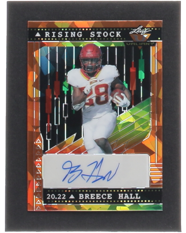 Breece Hall 2022 Leaf Valiant Rising Stock Crystal Orange #RSBH1 #19/20 RC at PristineAuction.com Breece Hall 2022 Leaf Valiant Rising Stock Crystal Orange #RSBH1 #19/20 RC at PristineAuction.com