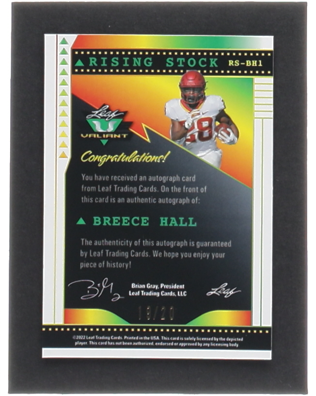 Breece Hall 2022 Leaf Valiant Rising Stock Crystal Orange #RSBH1 #19/20 RC at PristineAuction.com Breece Hall 2022 Leaf Valiant Rising Stock Crystal Orange #RSBH1 #19/20 RC at PristineAuction.com