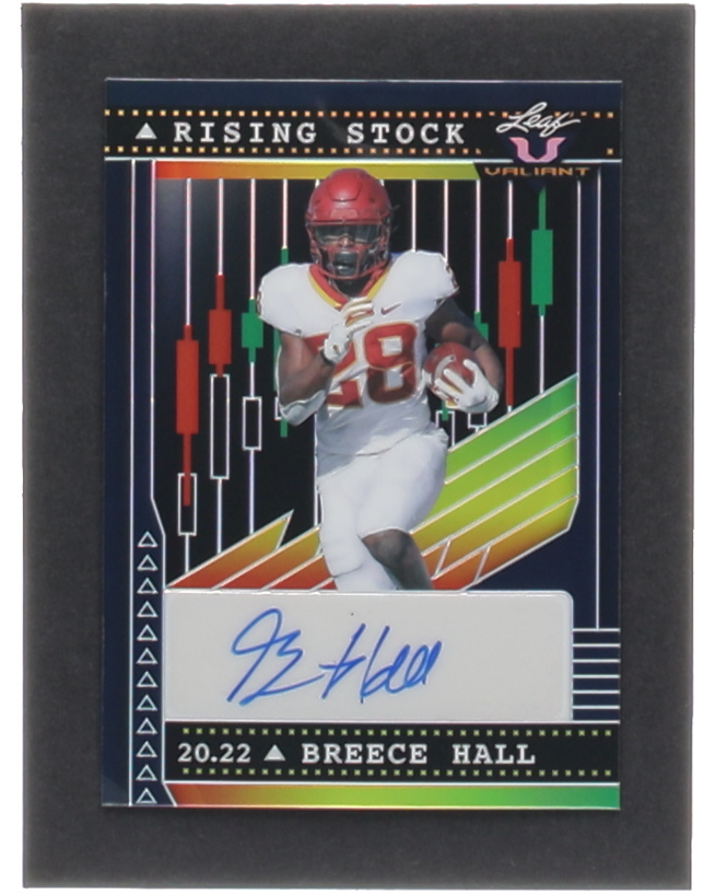 Breece Hall 2022 Leaf Valiant Rising Stock Navy Blue #RSBH1 #06/20 RC at PristineAuction.com Breece Hall 2022 Leaf Valiant Rising Stock Navy Blue #RSBH1 #06/20 RC at PristineAuction.com