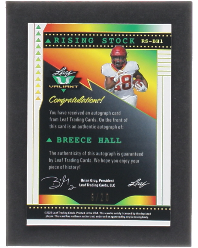 Breece Hall 2022 Leaf Valiant Rising Stock Navy Blue #RSBH1 #06/20 RC at PristineAuction.com Breece Hall 2022 Leaf Valiant Rising Stock Navy Blue #RSBH1 #06/20 RC at PristineAuction.com