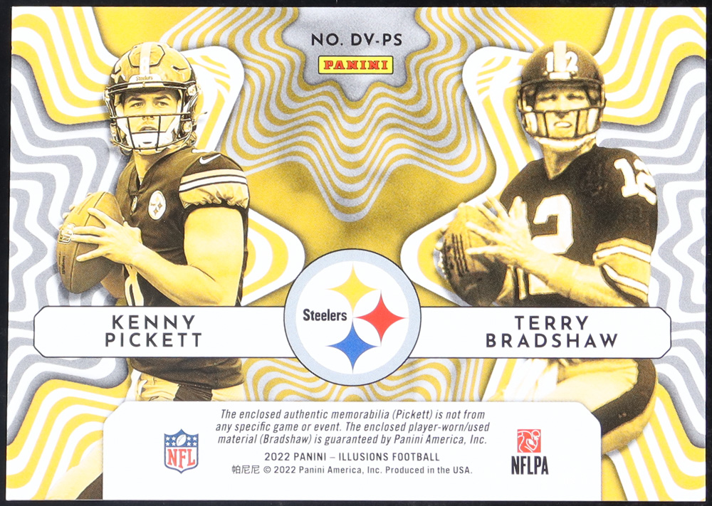 Kenny Pickett / Terry Bradshaw 2022 Panini Illusions Deja Vu Materials #1 at PristineAuction.com Kenny Pickett / Terry Bradshaw 2022 Panini Illusions Deja Vu Materials #1 at PristineAuction.com