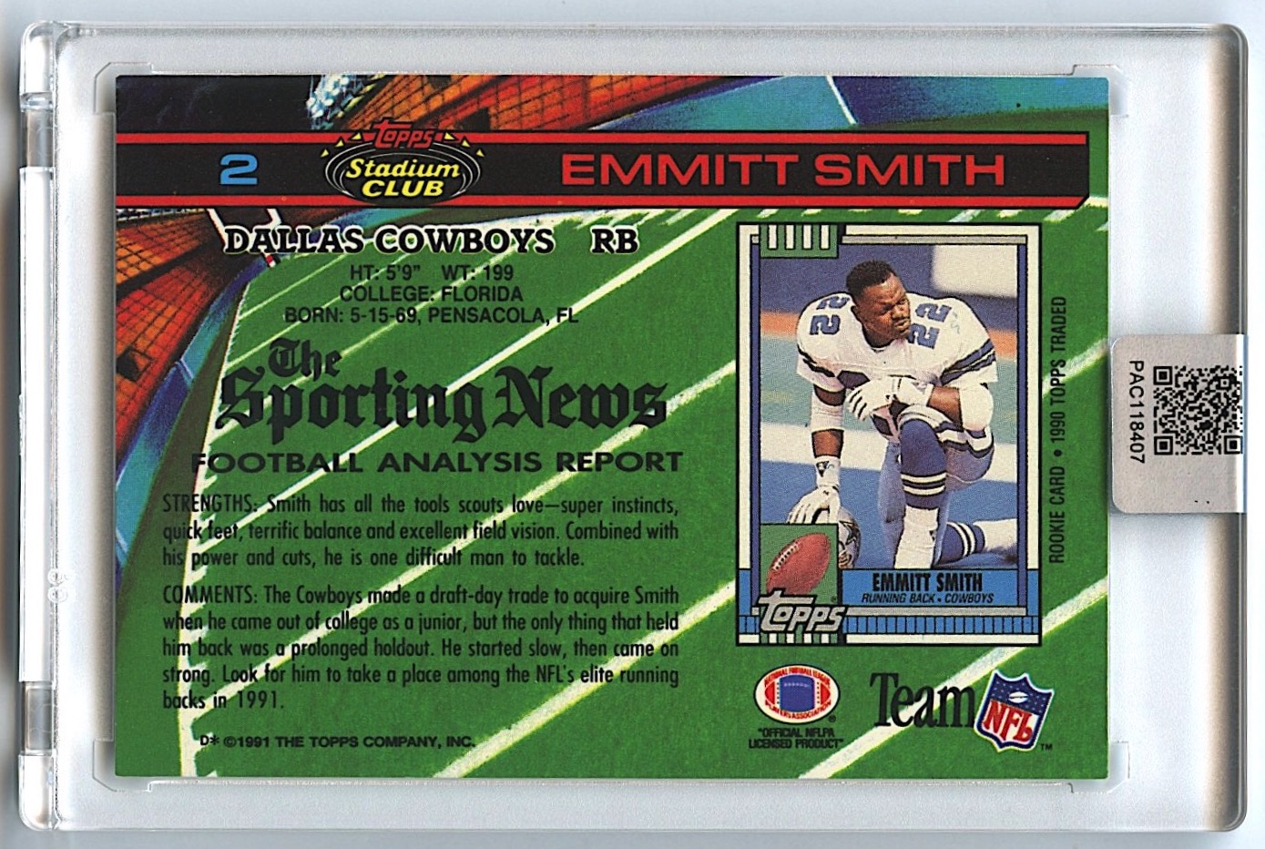 Emmitt Smith Signed 1991 Stadium Club #2 (PA Encapsulated) at PristineAuction.com Emmitt Smith Signed 1991 Stadium Club #2 (PA Encapsulated) at PristineAuction.com