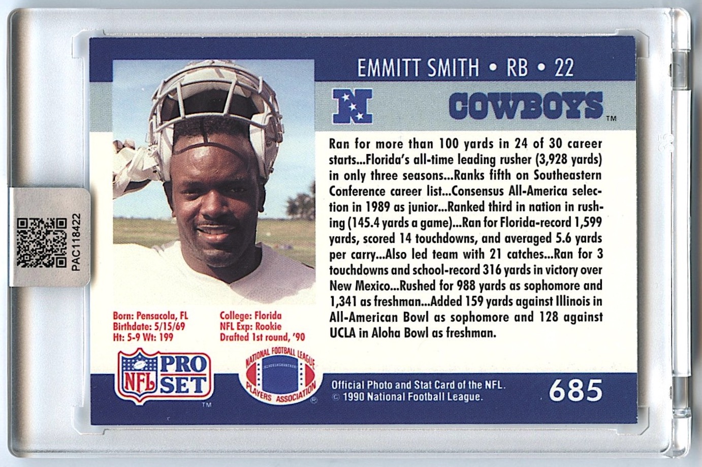 Emmitt Smith Signed 1990 Pro Set #685 RC (PA Encapsulated) at PristineAuction.com Emmitt Smith Signed 1990 Pro Set #685 RC (PA Encapsulated) at PristineAuction.com