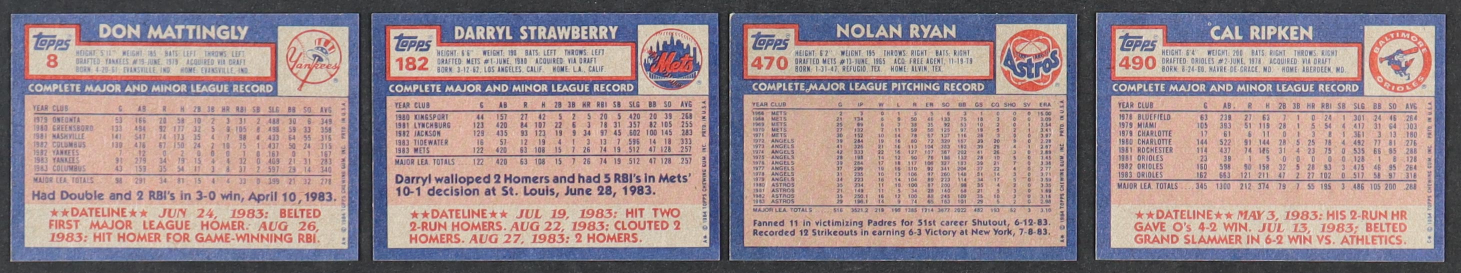 1984 Topps Baseball Factory Set of (792) Cards with Don Mattingly #8 RC, Cal Ripken Jr. #490, Darryl Strawberry #182 RC, Nolan Ryan #470 at PristineAuction.com 1984 Topps Baseball Factory Set of (792) Cards with Don Mattingly #8 RC, Cal Ripken Jr. #490, Darryl Strawberry #182 RC, Nolan Ryan #470 at PristineAuction.com