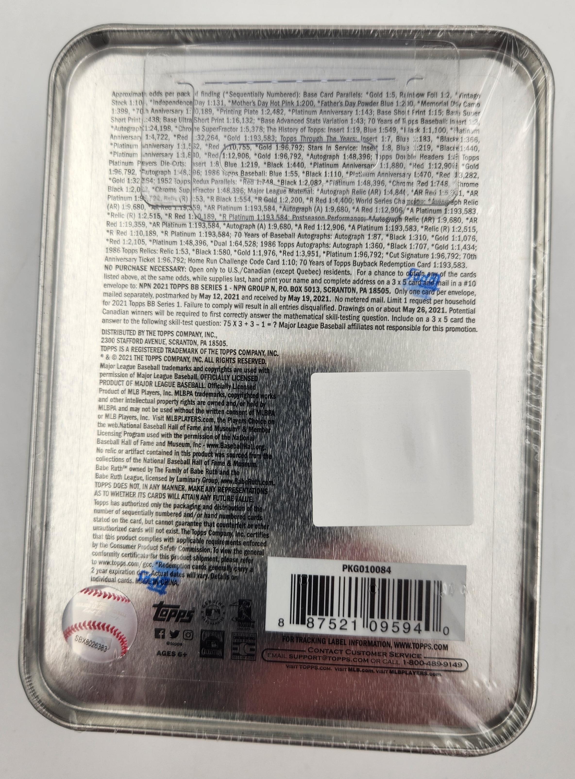 2021 Topps Series 1 Baseball Collectible Tin with (75) Cards at PristineAuction.com 2021 Topps Series 1 Baseball Collectible Tin with (75) Cards at PristineAuction.com