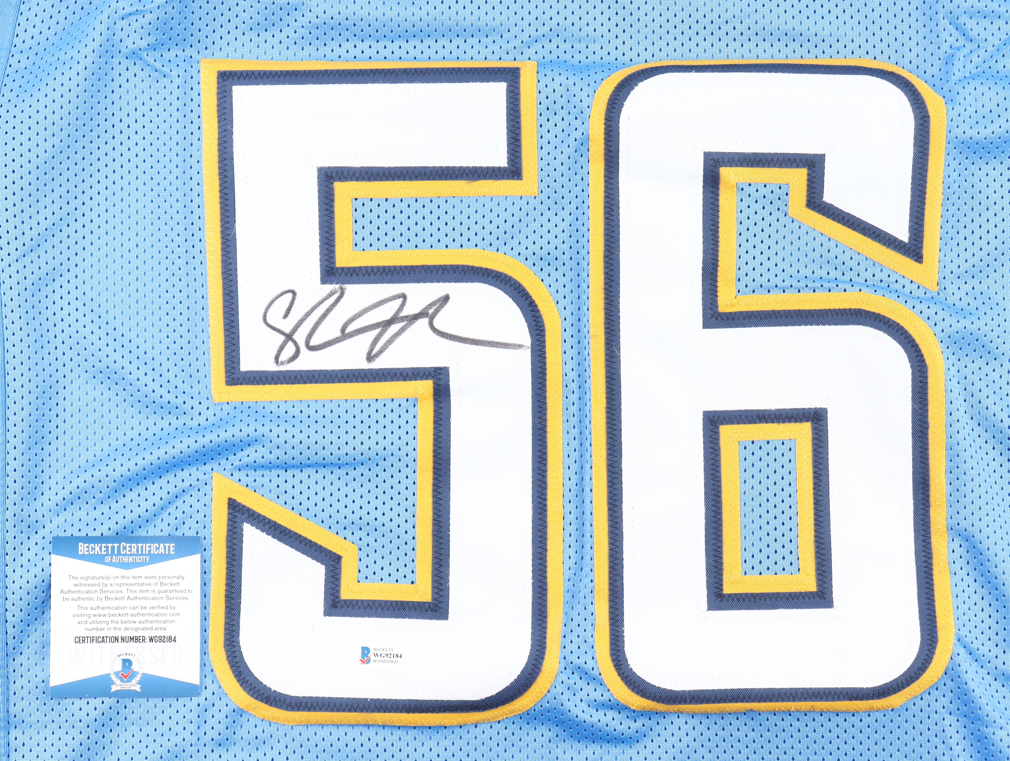 Shawne Merriman Signed Jersey (Beckett) at PristineAuction.com Shawne Merriman Signed Jersey (Beckett) at PristineAuction.com