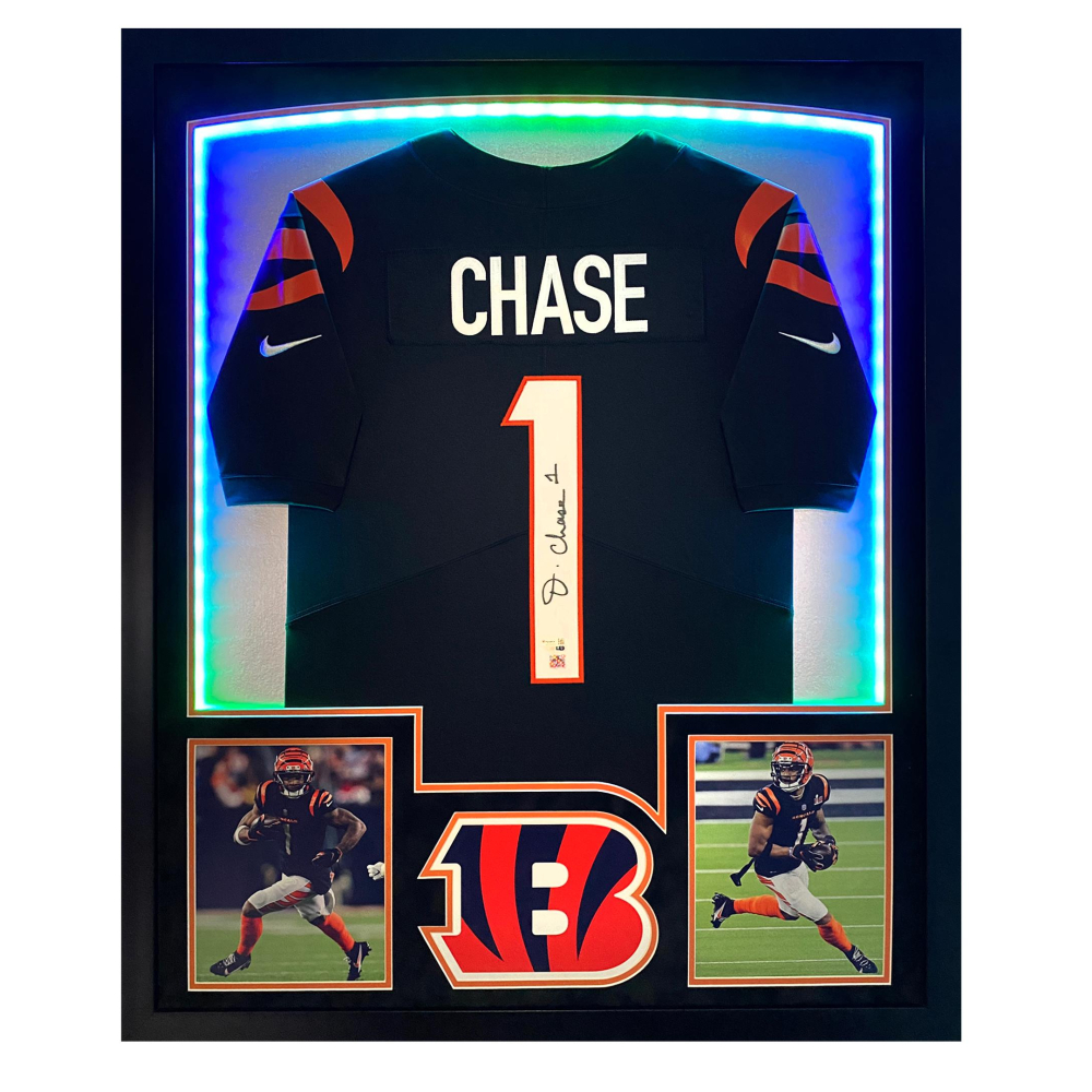 Ja'Marr Chase Signed 32x40 Custom Framed Jersey Display with LED Lights