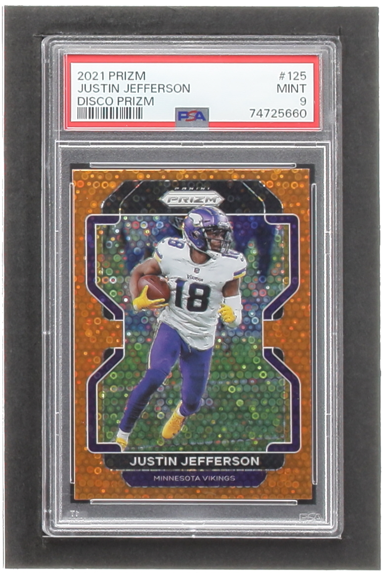 Justin Jefferson 2021 Panini Prizm Prizms Orange Disco #125 (PSA 9) at PristineAuction.com Justin Jefferson 2021 Panini Prizm Prizms Orange Disco #125 (PSA 9) at PristineAuction.com