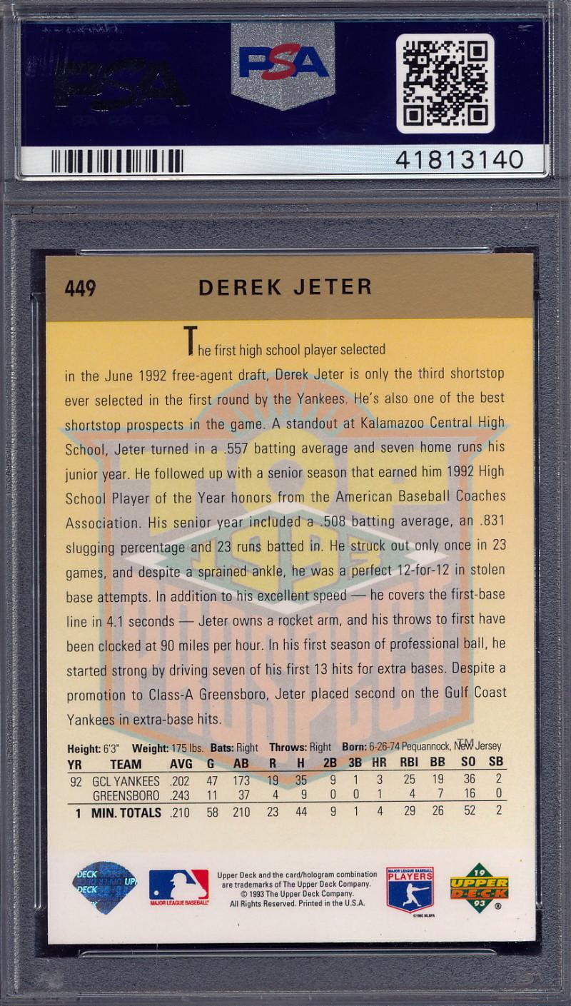 Derek Jeter 1993 Upper Deck #449 RC (PSA 9) at PristineAuction.com Derek Jeter 1993 Upper Deck #449 RC (PSA 9) at PristineAuction.com