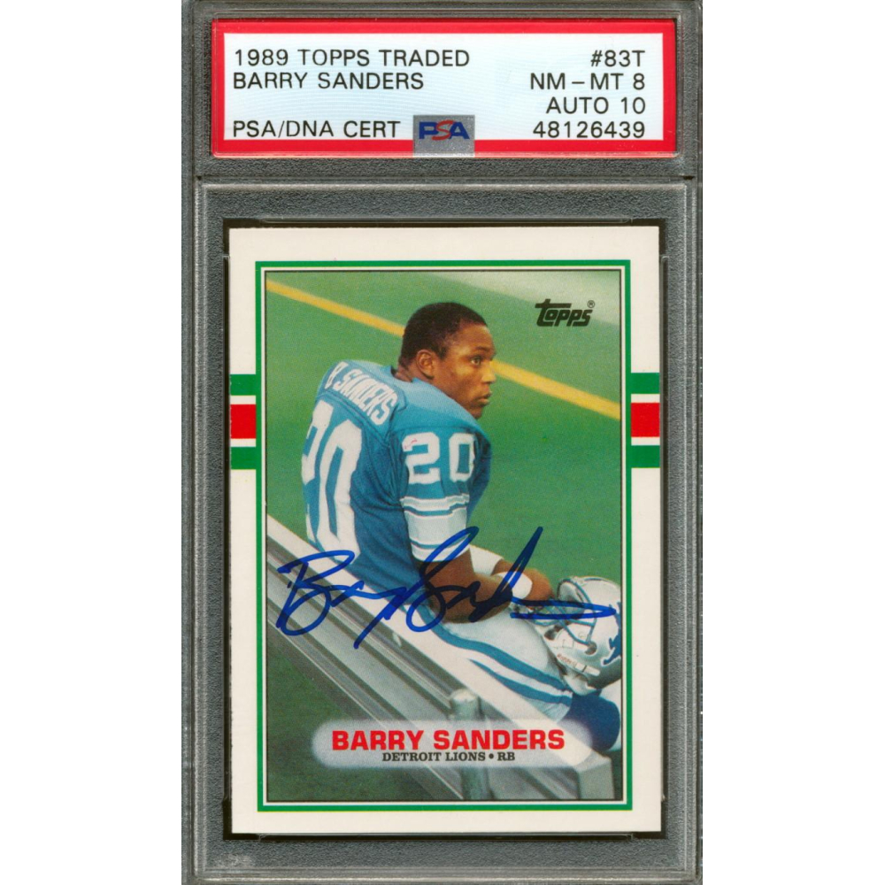 Barry Sanders Signed 1989 Topps Traded 83T RC (PSA 8 Autograph