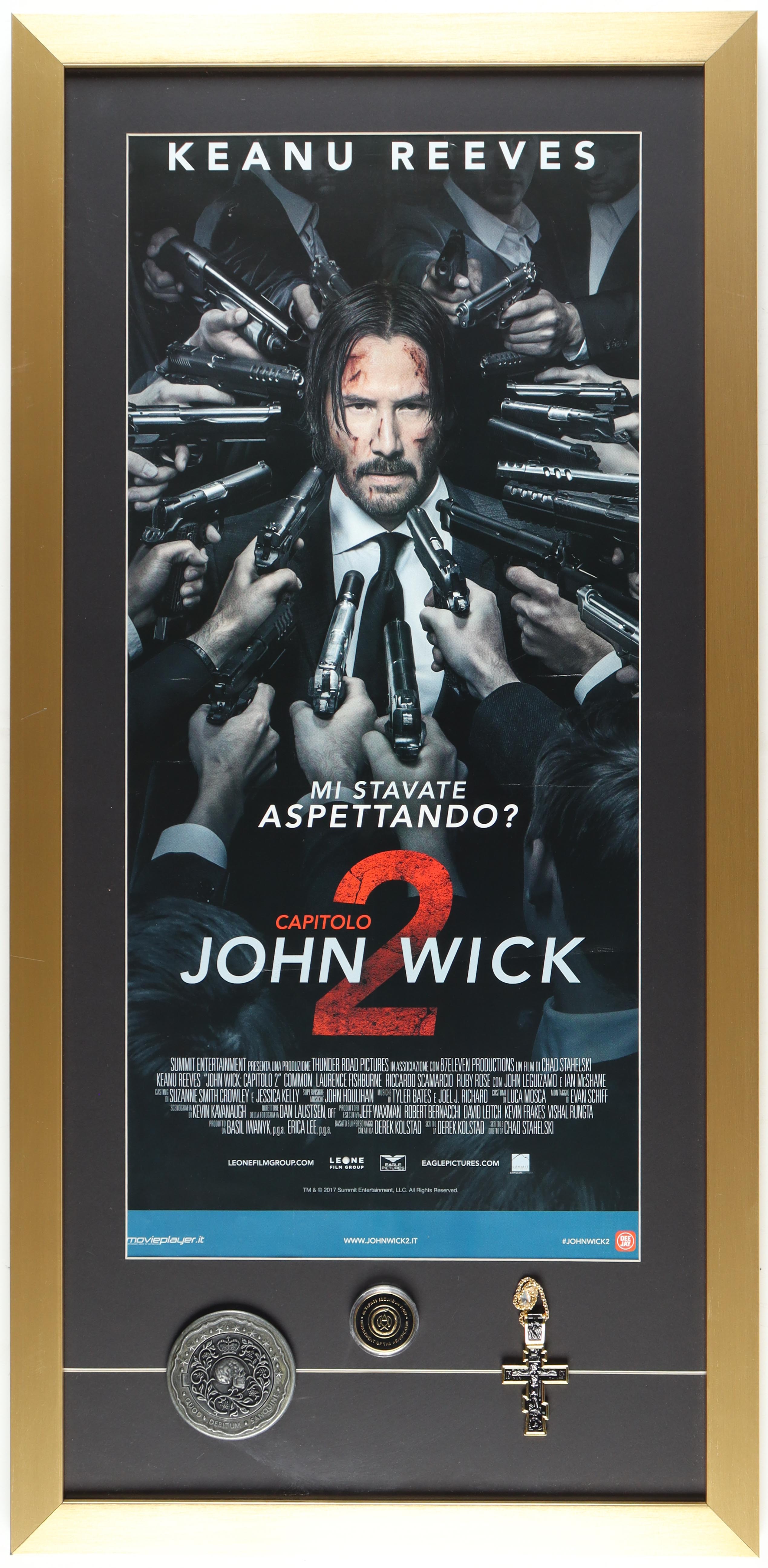 "John Wick: Chapter 4" Custom Framed Italian Movie Poster Display with Replica Blood Oath Marker, Adjudicator Coin & Cross Medallion at PristineAuction.com "John Wick: Chapter 4" Custom Framed Italian Movie Poster Display with Replica Blood Oath Marker, Adjudicator Coin & Cross Medallion at PristineAuction.com