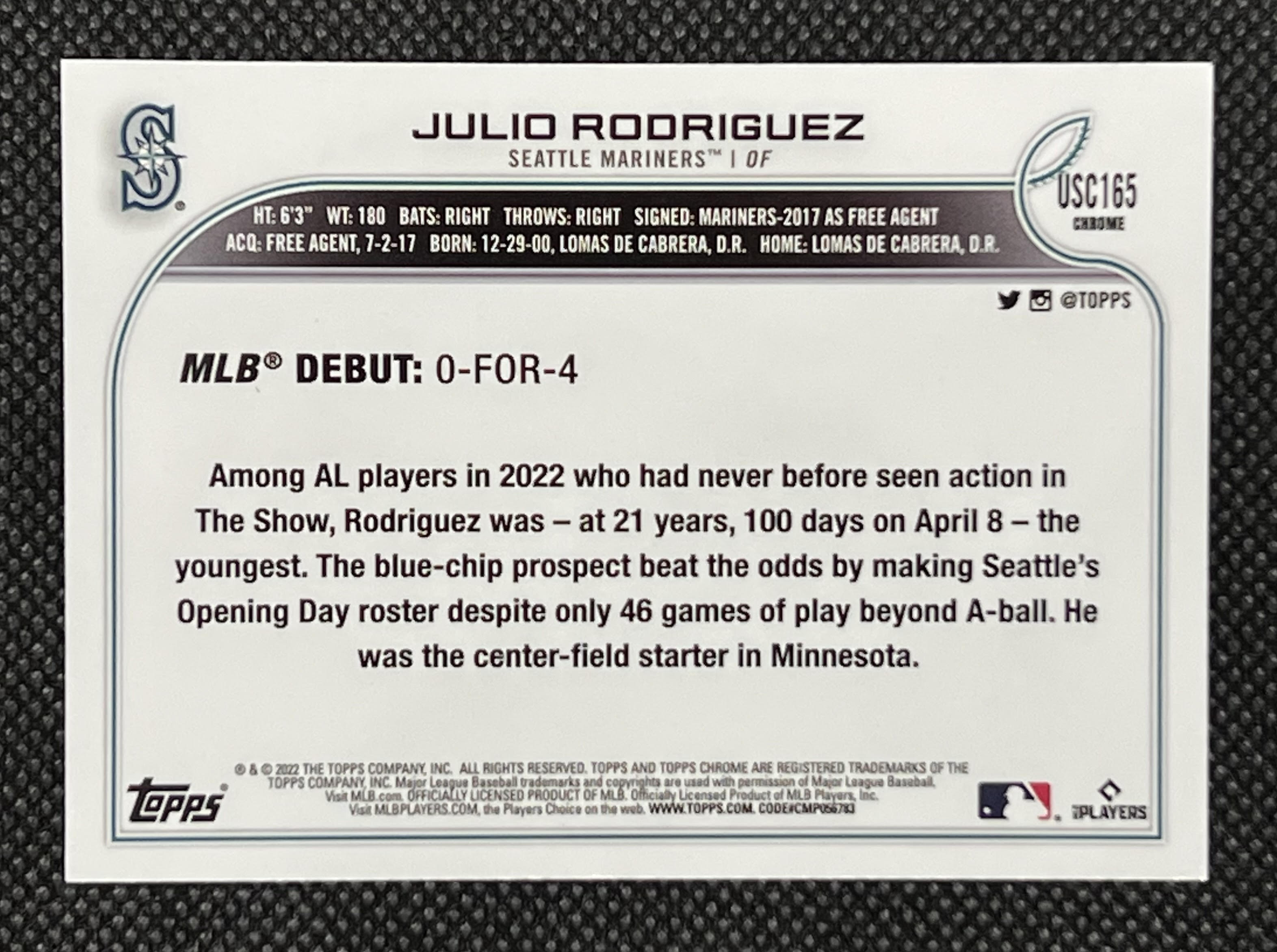 Julio Rodriguez 2022 Topps Chrome Update Purple Refractors #USC165 RC at PristineAuction.com Julio Rodriguez 2022 Topps Chrome Update Purple Refractors #USC165 RC at PristineAuction.com