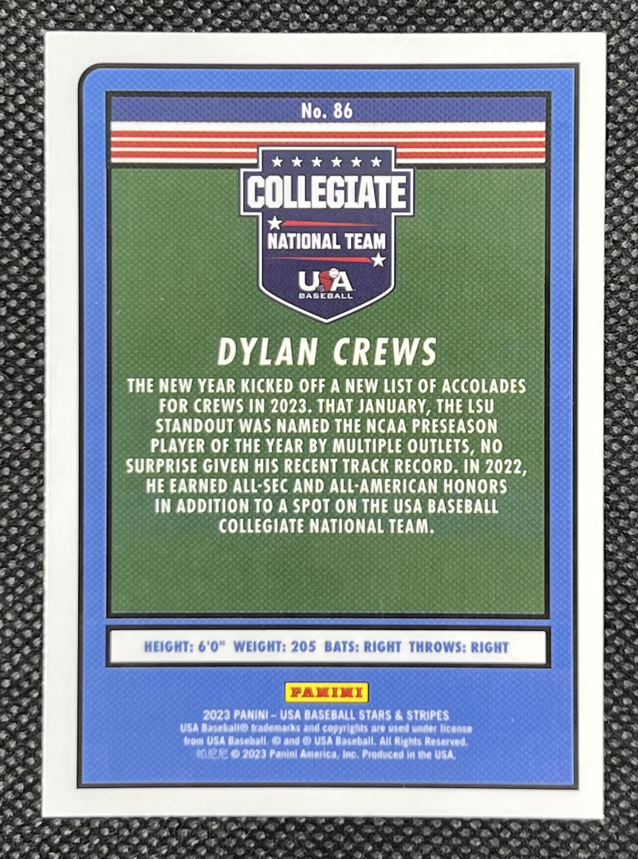Dylan Crews 2023 USA Baseball Stars and Stripes #86 RC at PristineAuction.com Dylan Crews 2023 USA Baseball Stars and Stripes #86 RC at PristineAuction.com