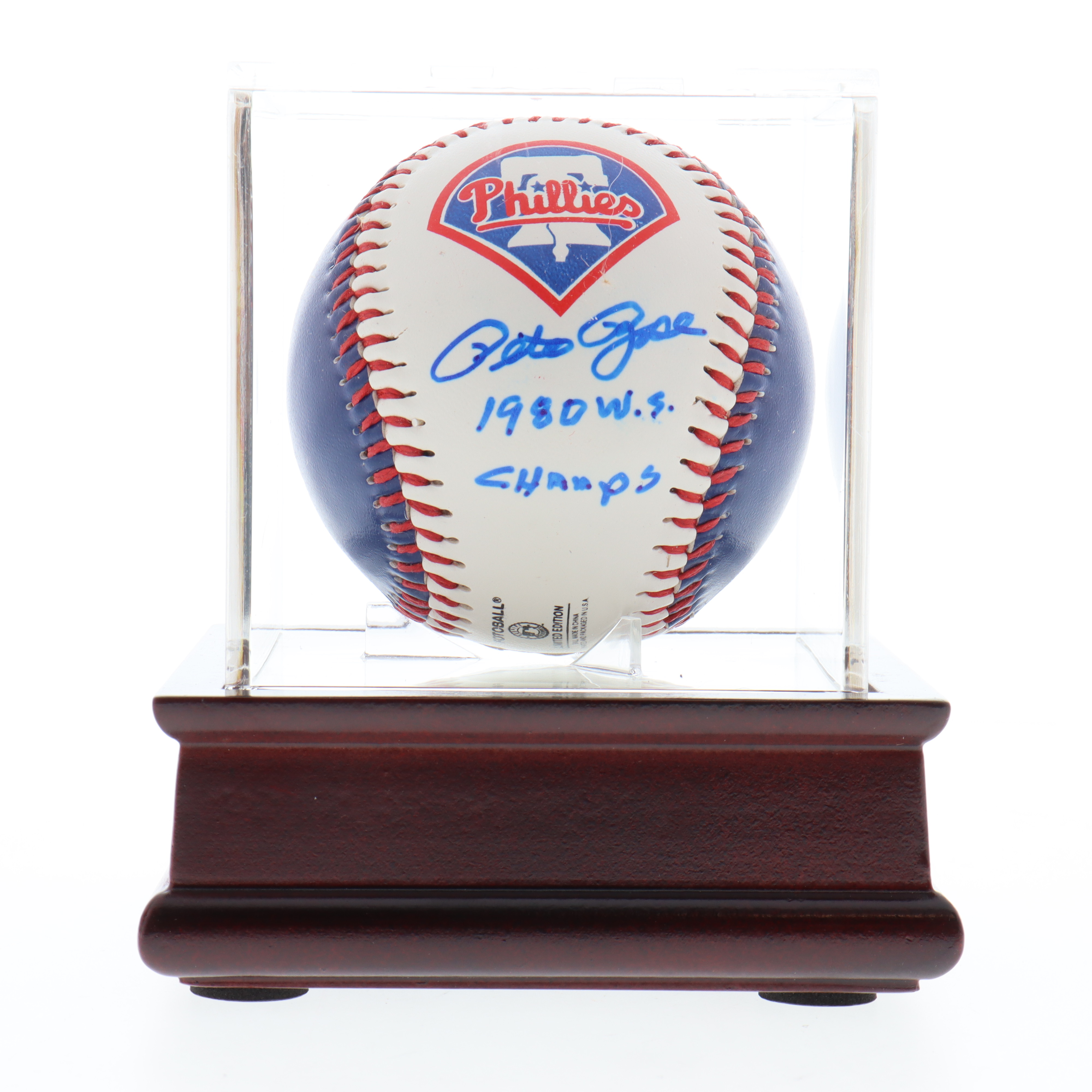 Pete Rose Signed Phillies Logo Baseball Inscribed "1980 W.S. Champs" with Display Case (JSA) at PristineAuction.com Pete Rose Signed Phillies Logo Baseball Inscribed "1980 W.S. Champs" with Display Case (JSA) at PristineAuction.com