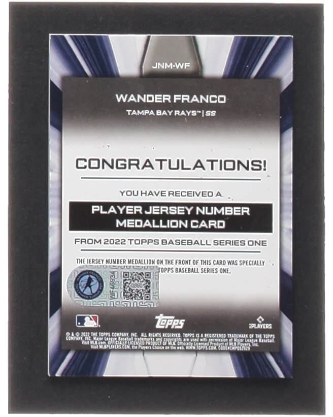 Wander Franco Signed 2022 Topps Commemorative Player Jersey Number Medallions #JNMWF RC (Franco) at PristineAuction.com Wander Franco Signed 2022 Topps Commemorative Player Jersey Number Medallions #JNMWF RC (Franco) at PristineAuction.com