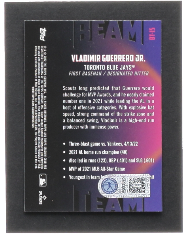 Vladimir Guerrero Jr. Signed 2022 Stadium Club Chrome Beam Team #BT15 (Guerrero Jr.) at PristineAuction.com Vladimir Guerrero Jr. Signed 2022 Stadium Club Chrome Beam Team #BT15 (Guerrero Jr.) at PristineAuction.com