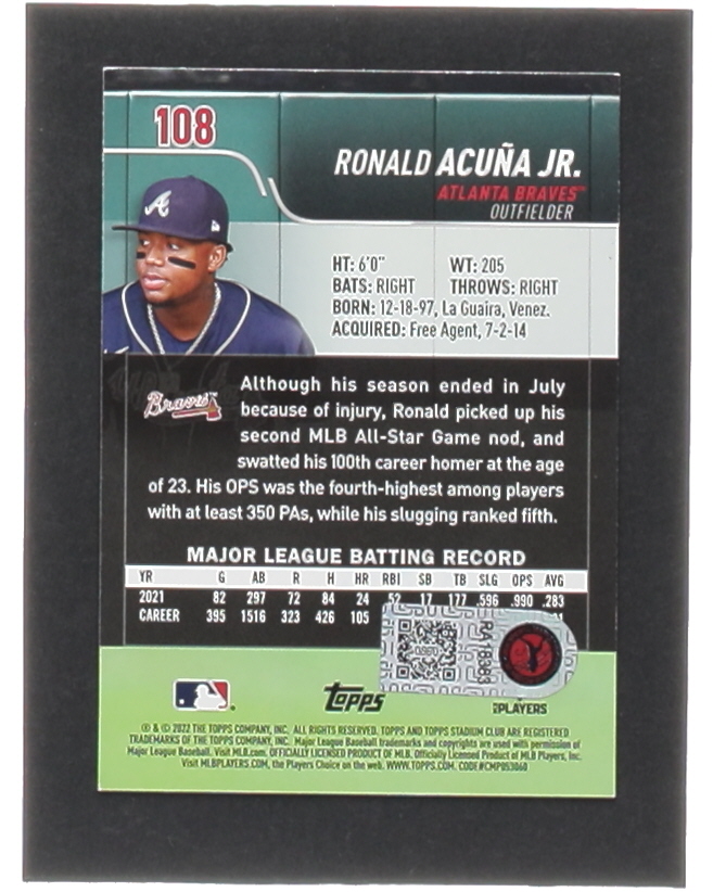 Ronald Acuna Jr. Signed 2022 Stadium Club Red Foil #108 (Acuna Jr.) at PristineAuction.com Ronald Acuna Jr. Signed 2022 Stadium Club Red Foil #108 (Acuna Jr.) at PristineAuction.com