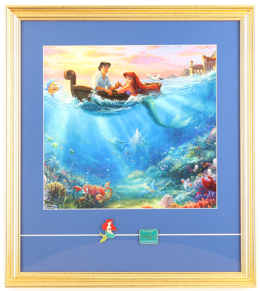 Thomas Kinkade "The Little Mermaid" Custom Framed Print Display with Official Movie Pin & Disney "Classic" Pin at PristineAuction.com Thomas Kinkade "The Little Mermaid" Custom Framed Print Display with Official Movie Pin & Disney "Classic" Pin at PristineAuction.com